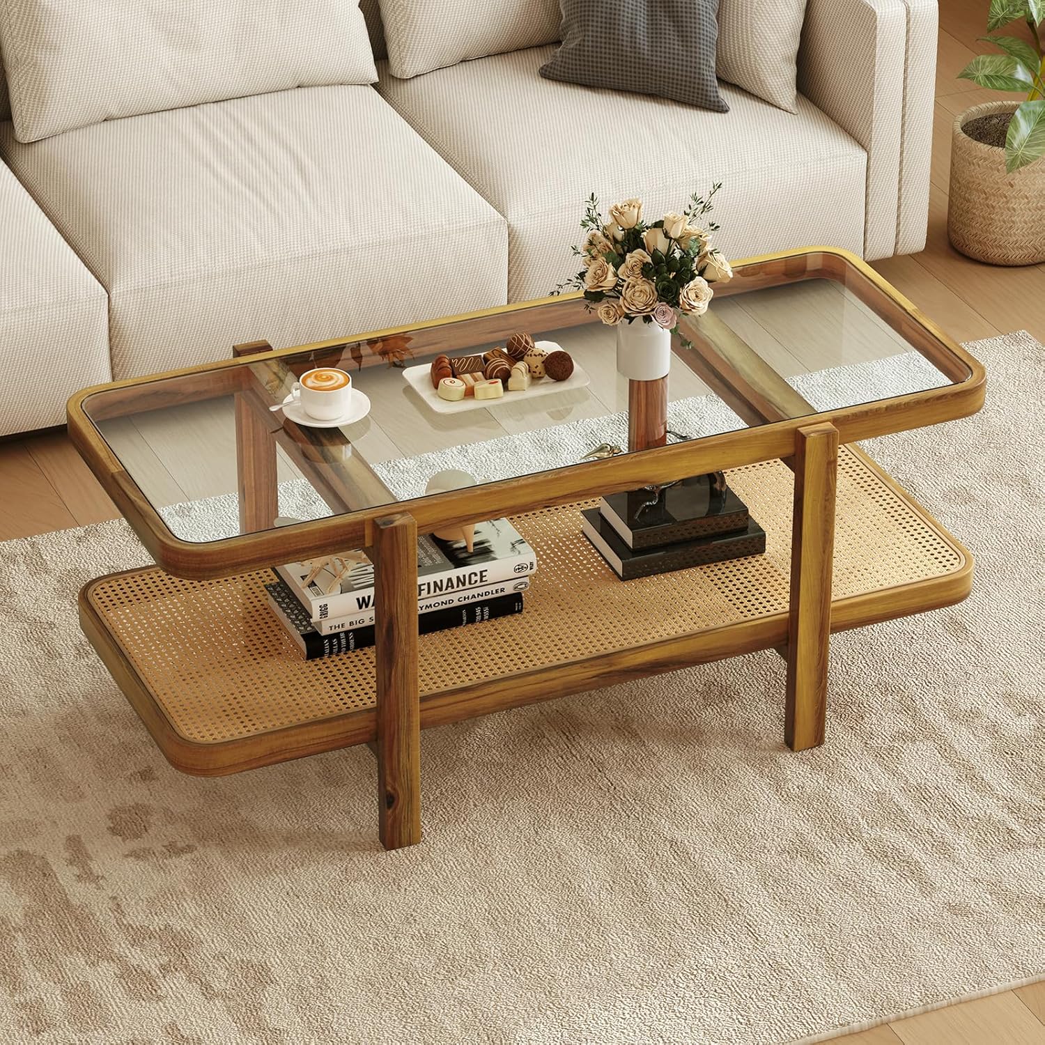 Giantex Rattan Coffee Table, 47.5 Rectangle Solid Wood Tea Table w/Tempered Glass Tabletop, Rattan Storage Shelf, 2-Tier Boho Coffee Tables, Farmhouse Center Table for Living Room (Oak)
