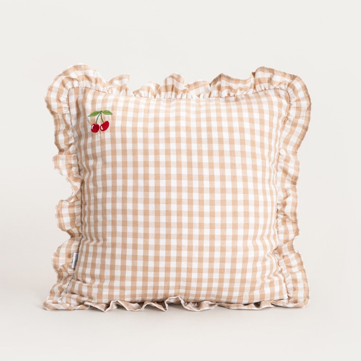 Poszewka ABRIL beżowa w kratkę z ozdobnym haftem 45x45cm