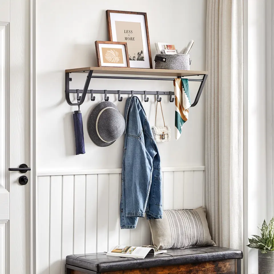 Lange Kapstok voor de Muur of Wand - 90 cm Lang - Essenhout bruin