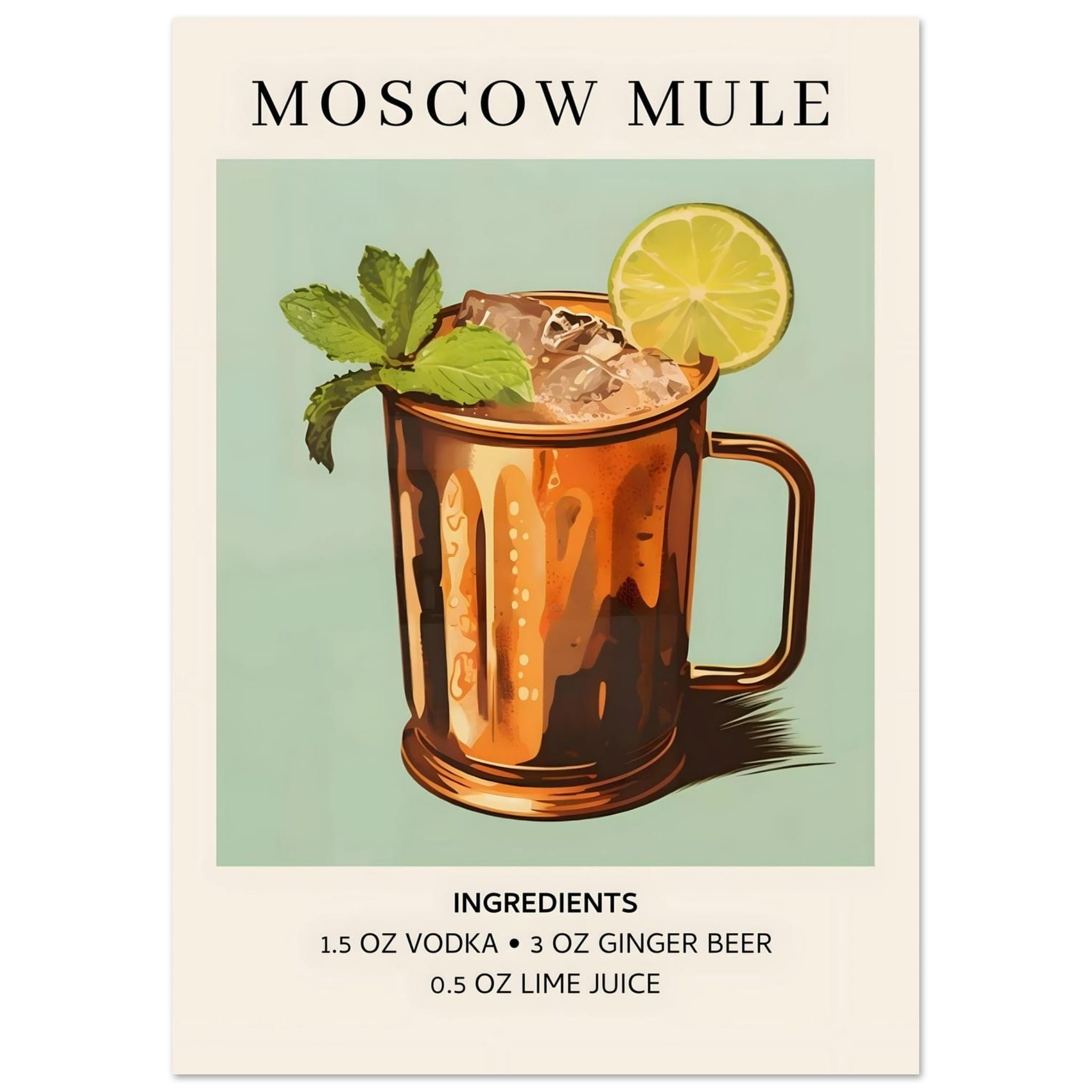 Artfulprints Poster Moscow Mule cocktail II - Ingrediënten  - A4 21x29.7 cm - Meerkleurig
