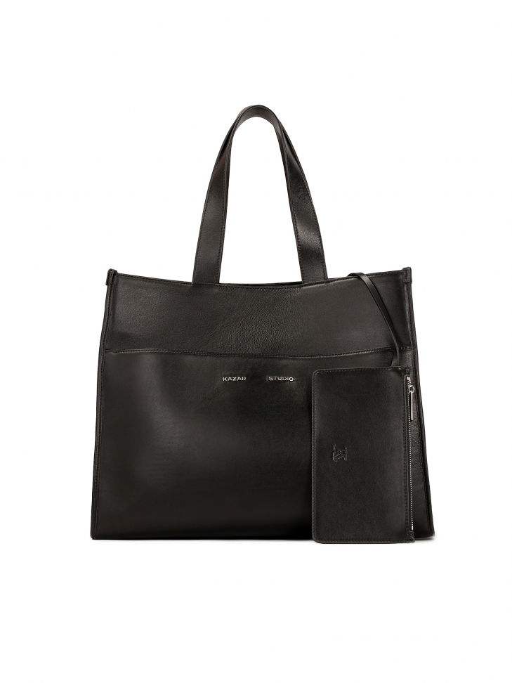 Large black tote bag with pouch