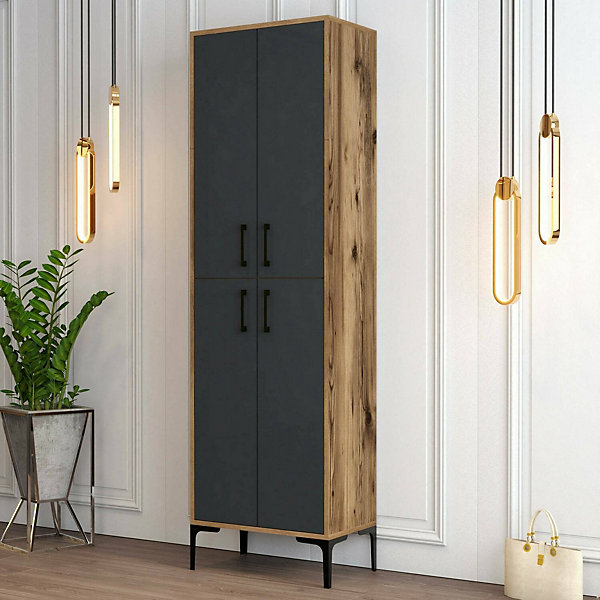 Meuble à chaussures Mimosa, Meuble à chaussures, Armoire d'entrée polyvalente, 60x35h200 cm, Noyer et Anthracite