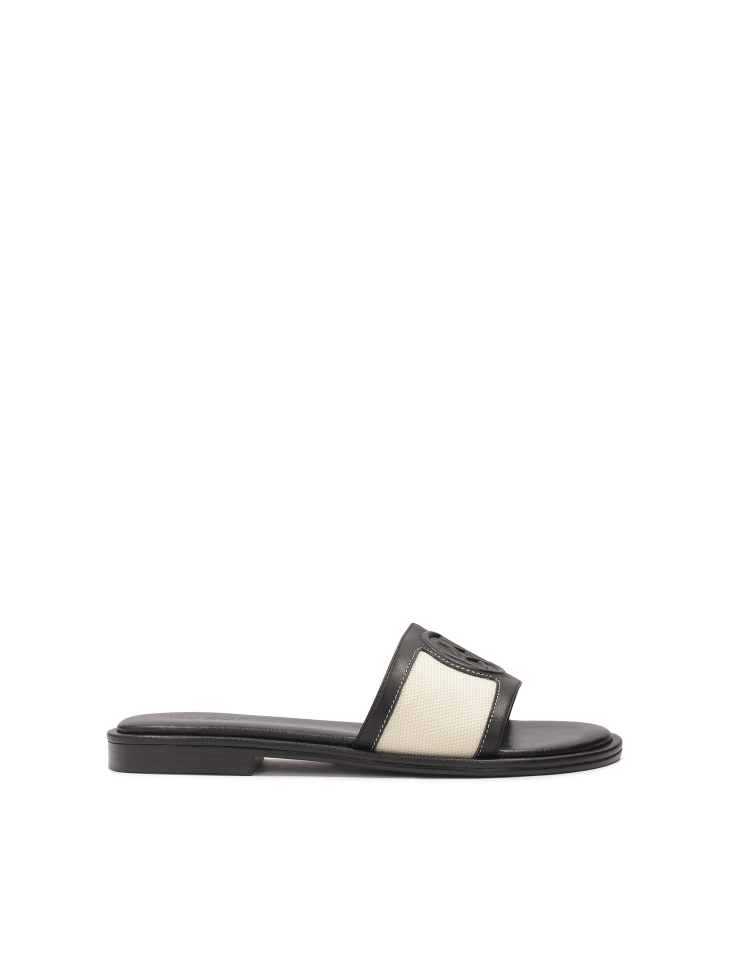 Black leather slides with bright inserts
