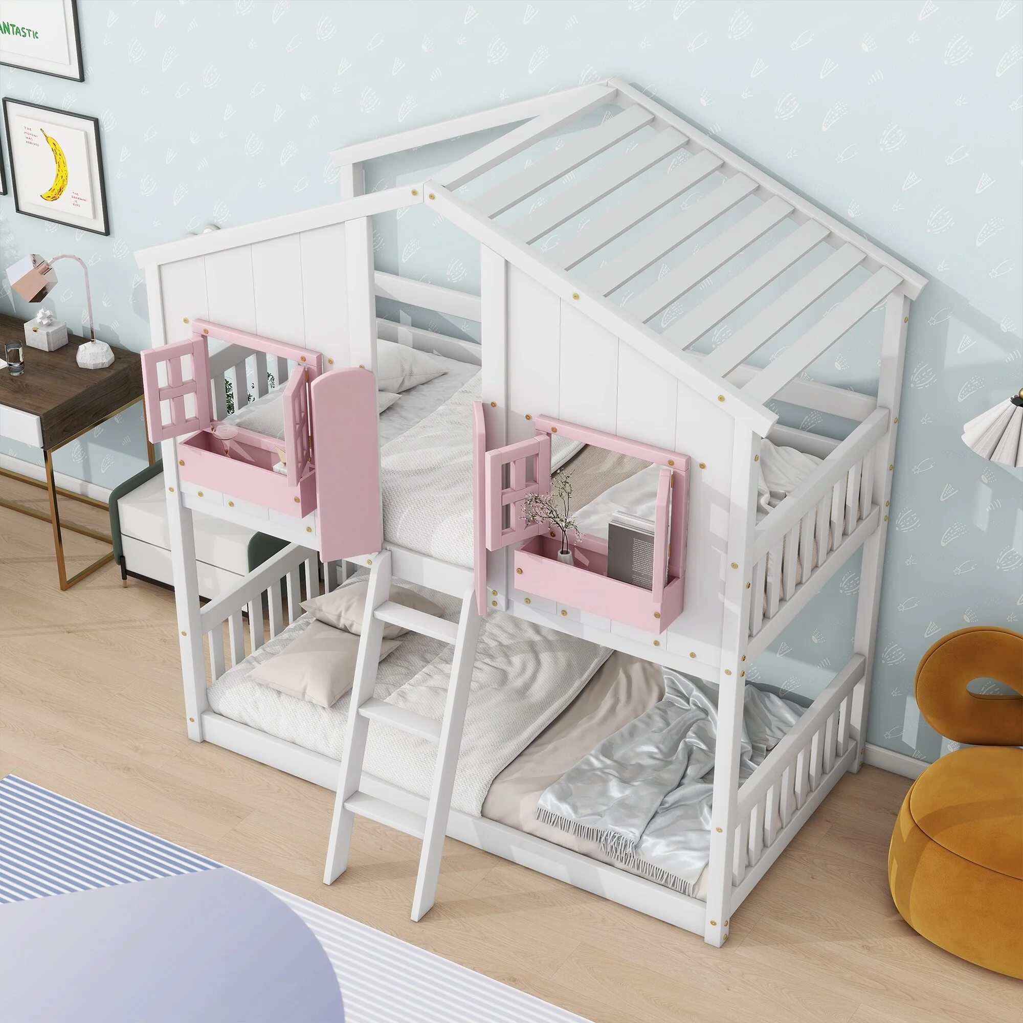 House-shaped Bed Frame Twin Over Twin Bunk Bed with Roof, Door, Windows, Guardrails and Ladder, No Slats on Lower Bed