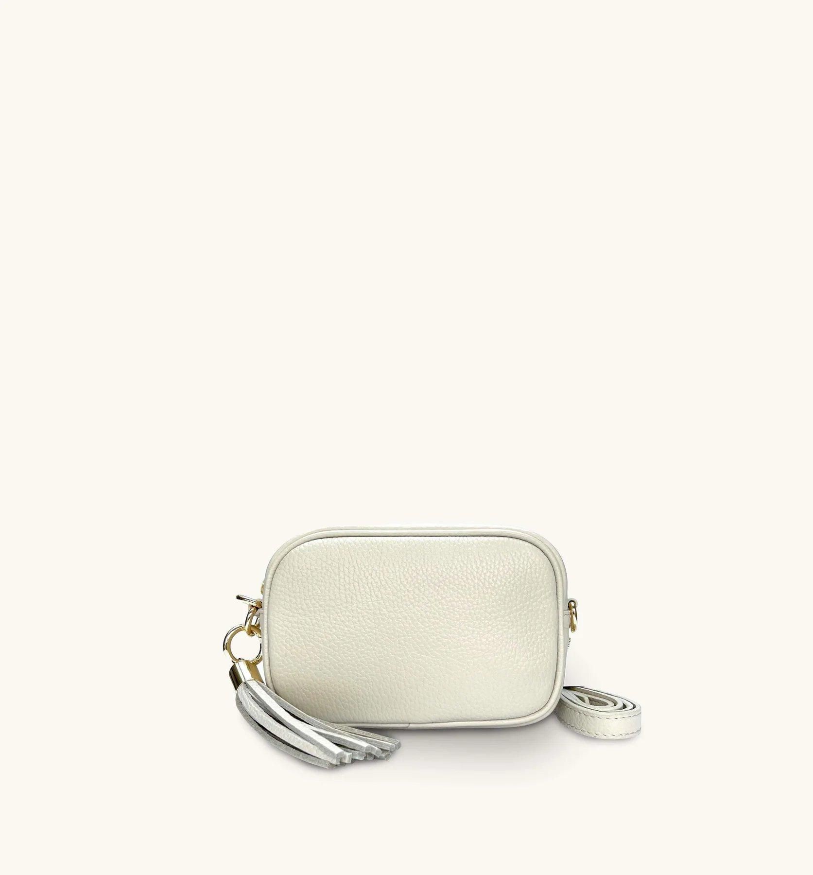 Apatchy London The Mini Tassel Stone Leather Phone Bag With Tan Boho Strap