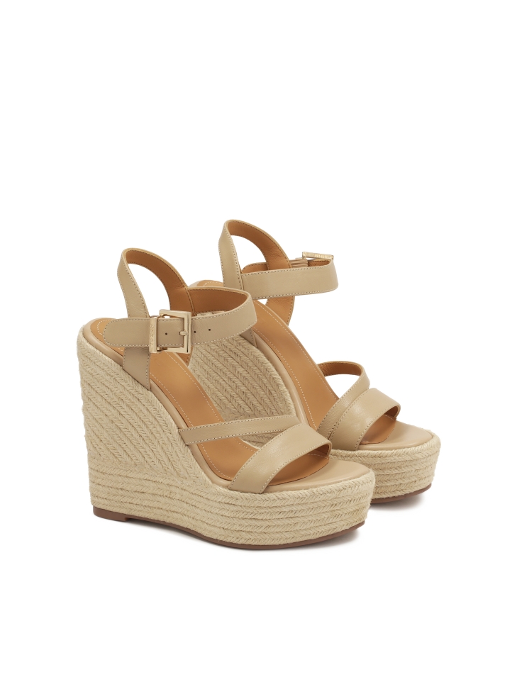 Leather sandals on a cord-covered heel