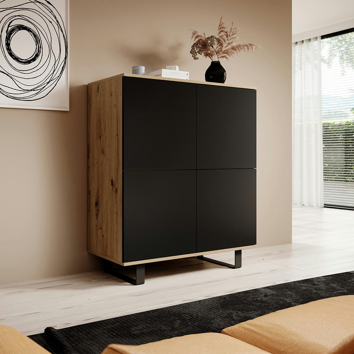 - Buffet haut 4 portes stratifiés, métal naturel et noir