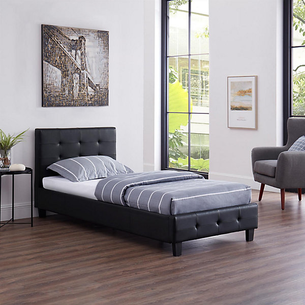 Lit simple REVE, 90 x 190 cm, capitonné avec sommier, revêtement synthétique noir