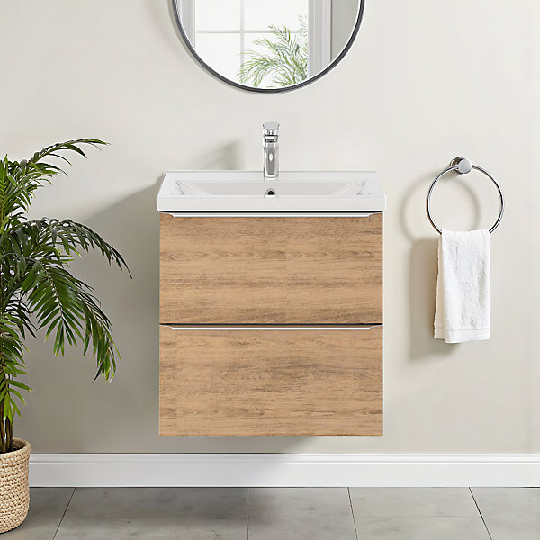 Meuble vasque suspendu faible profondeur effet chêne l.60 cm Imandra   plan vasque blanc céramique Nira, GoodHome