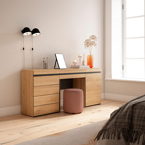 Coiffeuse 177x35x75cm avec tiroir commode buffet couleur chêne