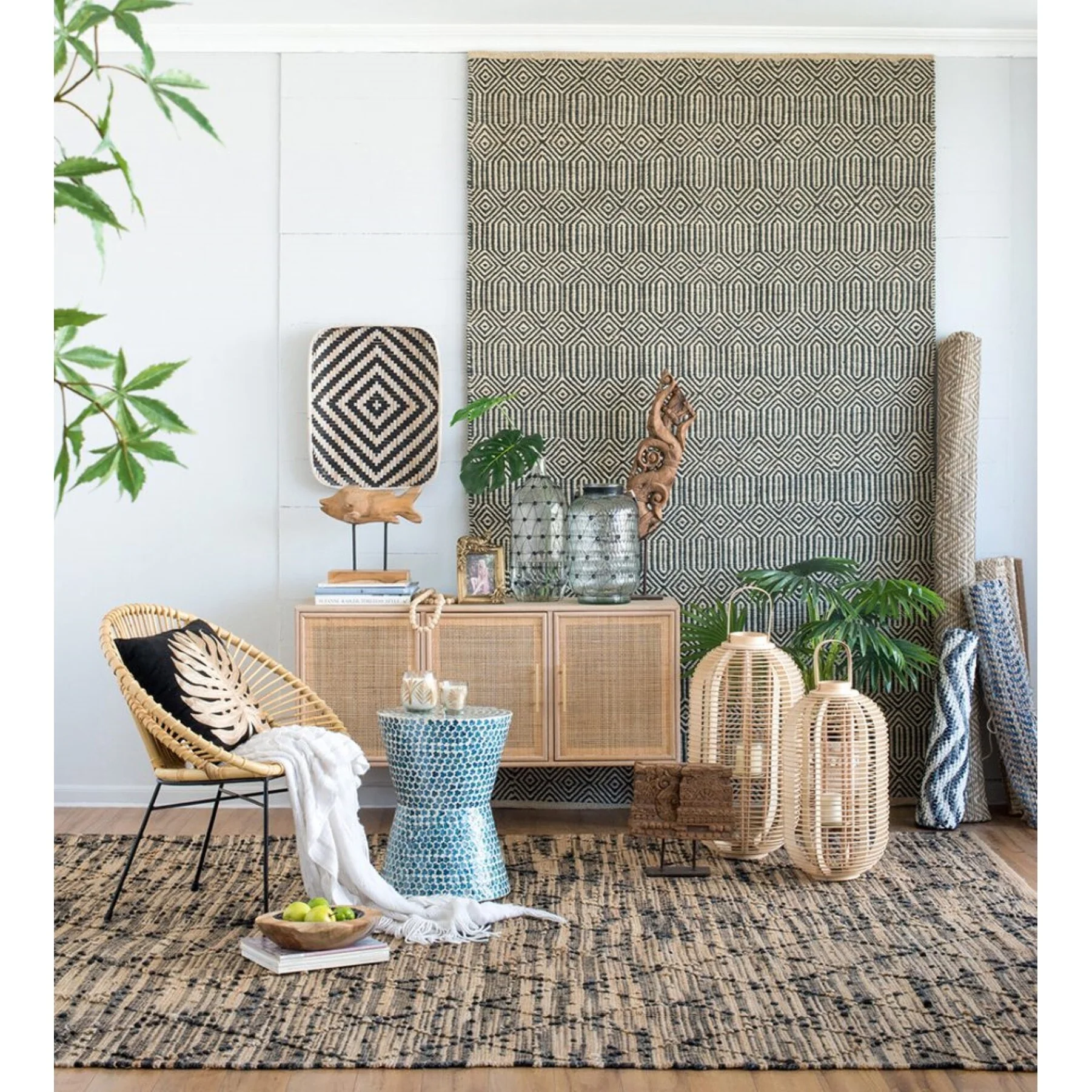 Tapered Round Capiz Shell Inlay Accent Stool - 19.75 - Blue and White