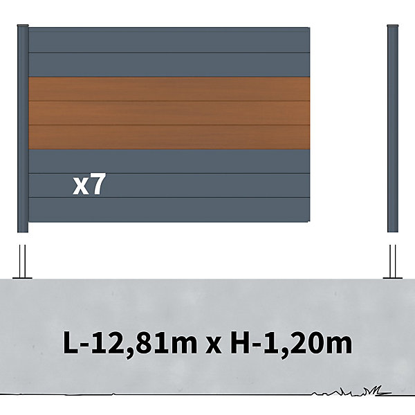 Kit Clôture Aluminium BAHIA &CRUZ Teck 12,85x1,2m - Bois Composite &Aluminium - Poteaux Gris - Brise Vue - Palissade