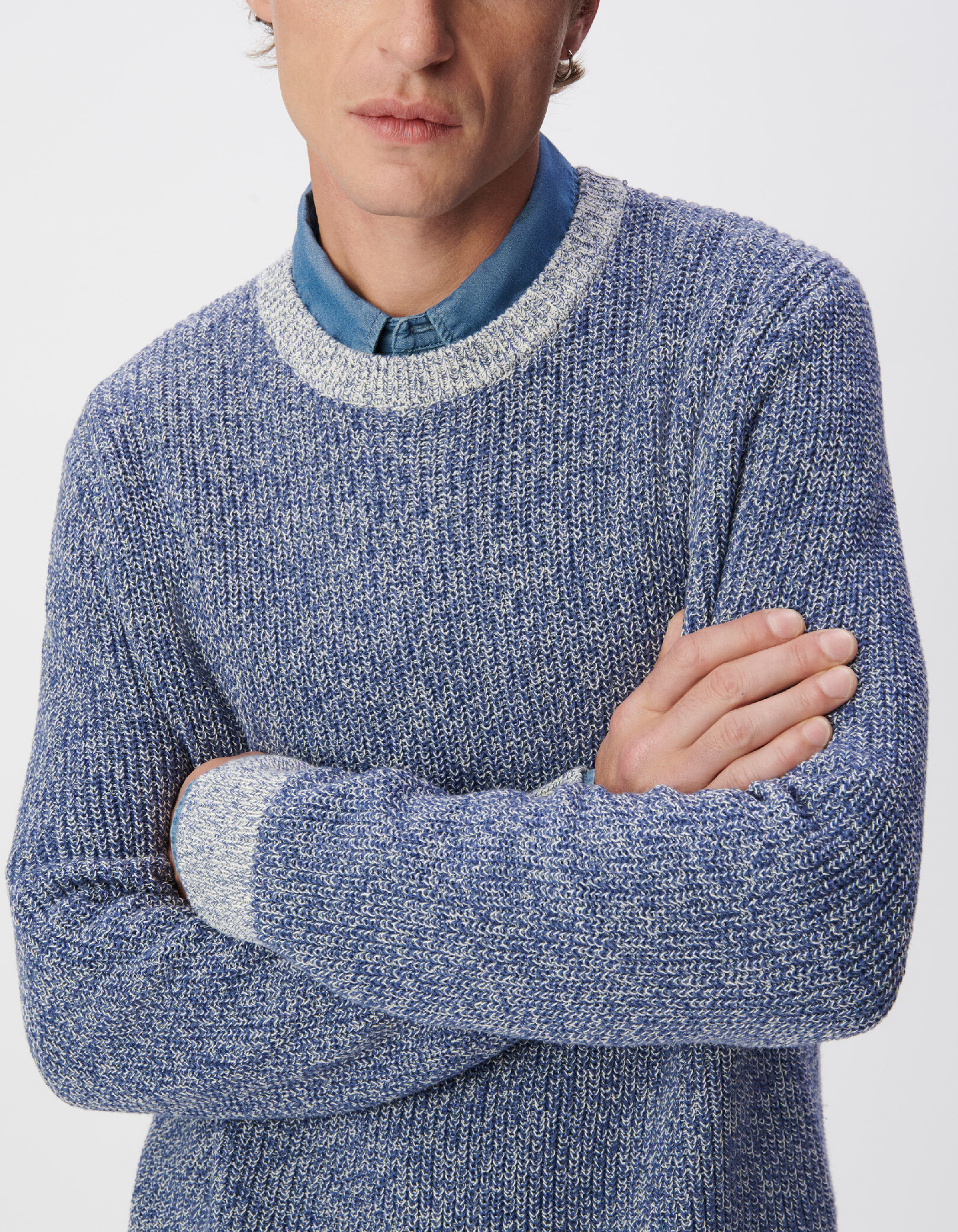 Pull bleu tricot mouliné Homme