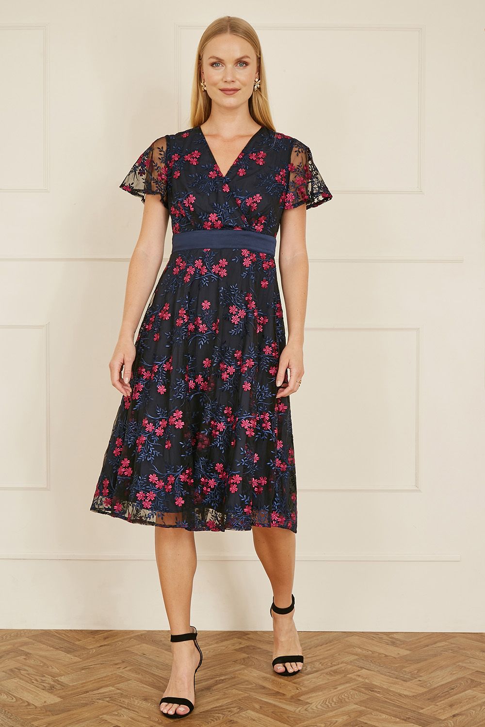 Yumi Yumi Navy Embroidered Floral Mesh Wrap Midi Skater Dress