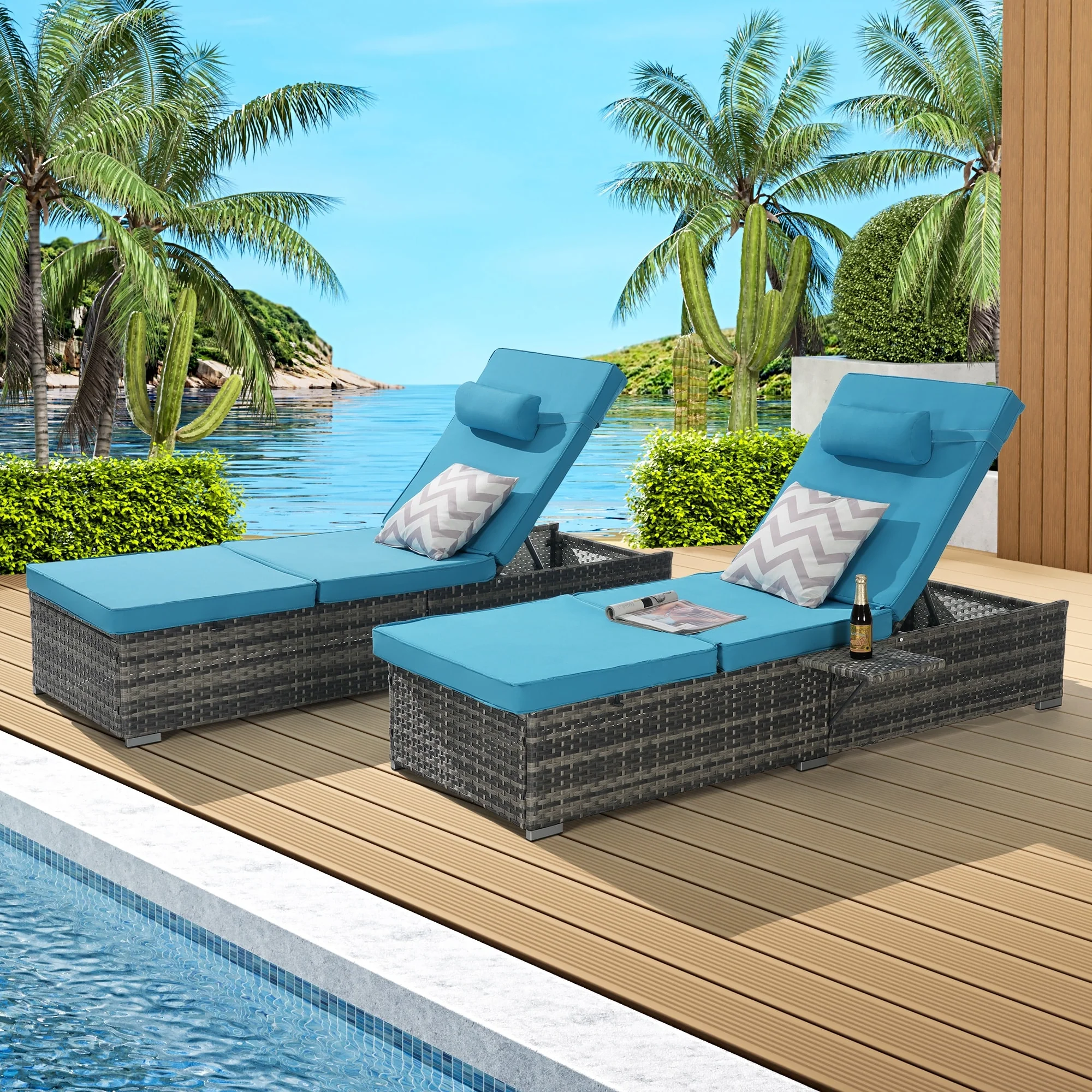 Outdoor Foldable Rattan Chaise Lounge Set of 2 Patio Poolside Recliners with Cushions and 5-Position Adjustable Backrest