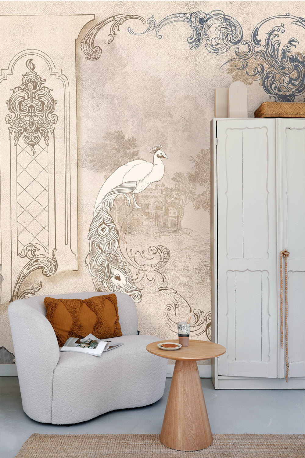 Sanders & Sanders fotobehang Oosters landschap met pauwen beige - 375 x 270 cm - 600975
