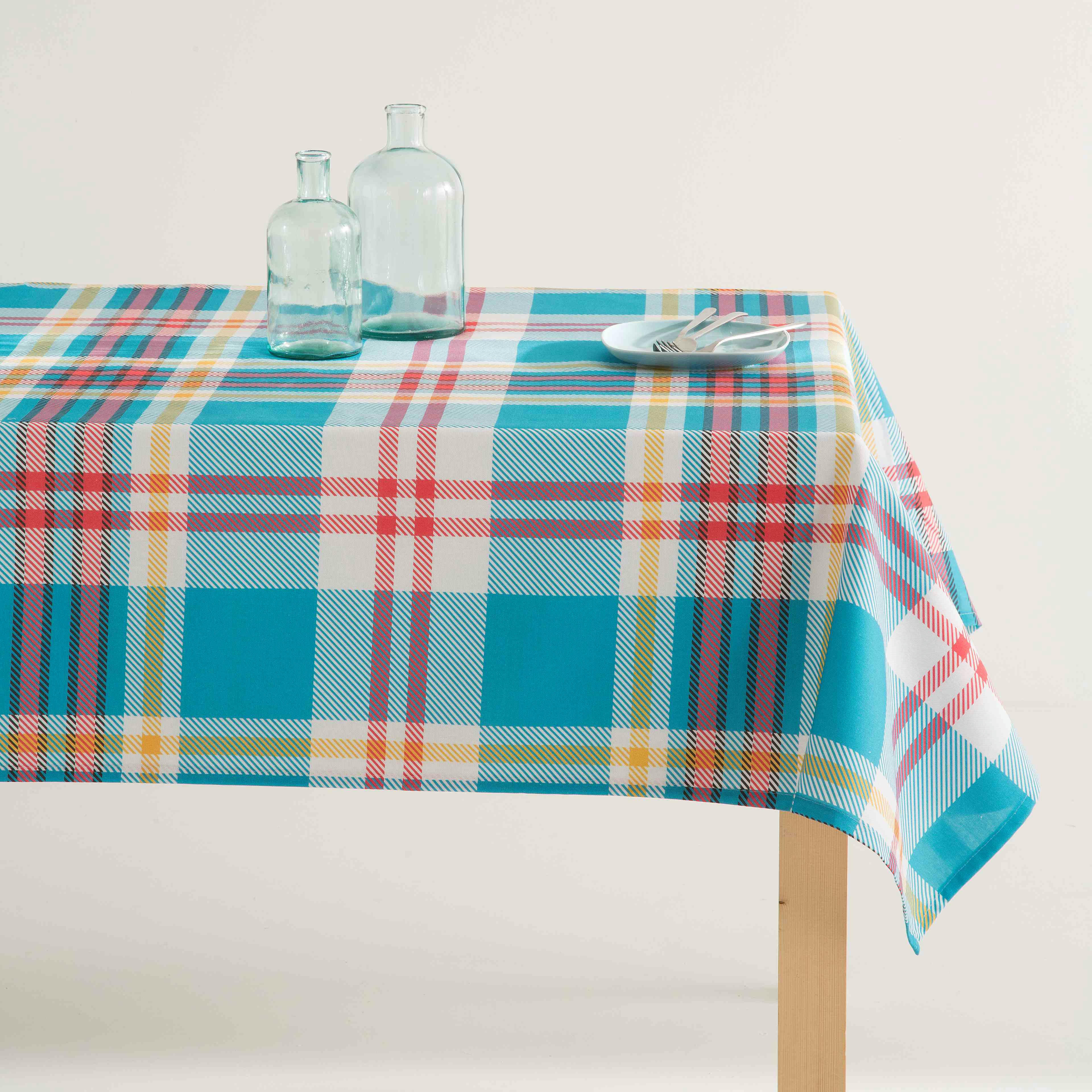 VALIA - Nappe imprimée bleu avec traitement anti-taches en coton 140x300 cm