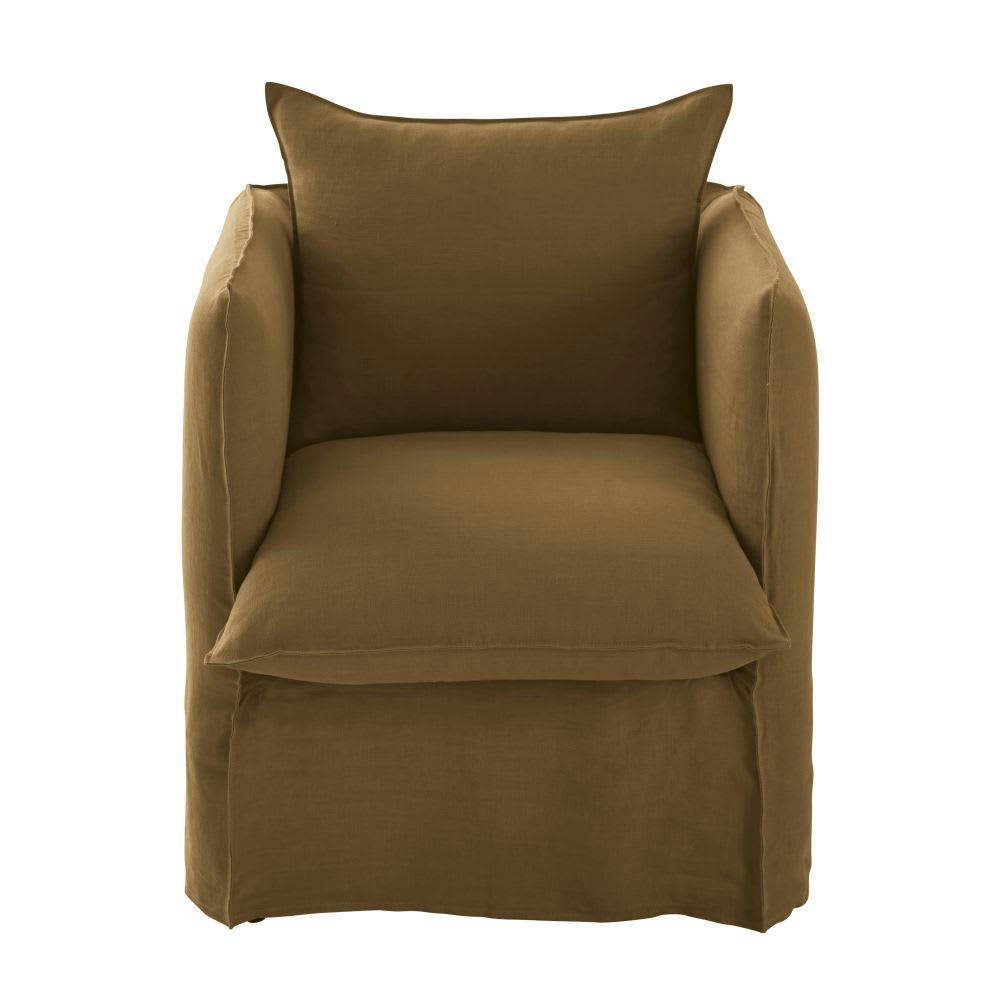 Louvain - Housse de fauteuil en lin froissé marron havane