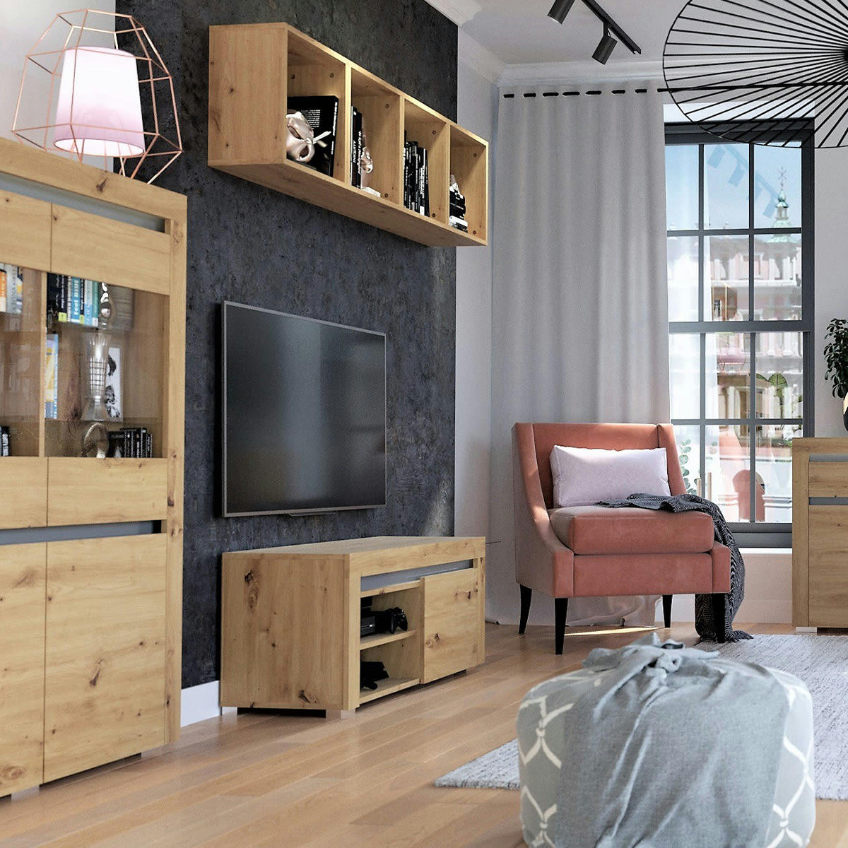 - Meuble TV 1 porte 106 cm LED inclus stratifiés naturel et gris