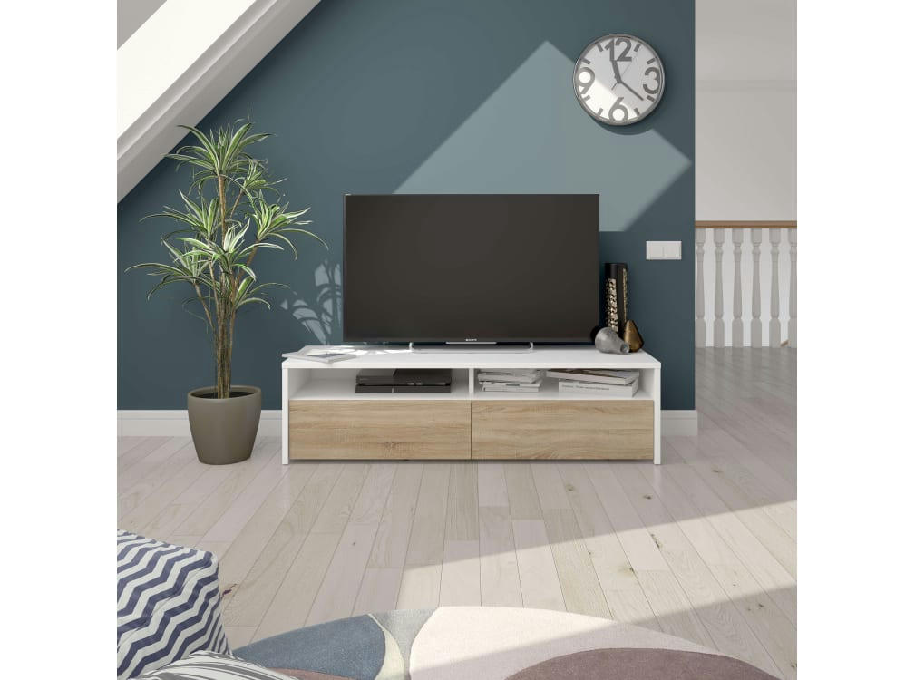 LOLA - Meuble TV blanc/bois 2 portes et 2 niches de rangement L130 cm