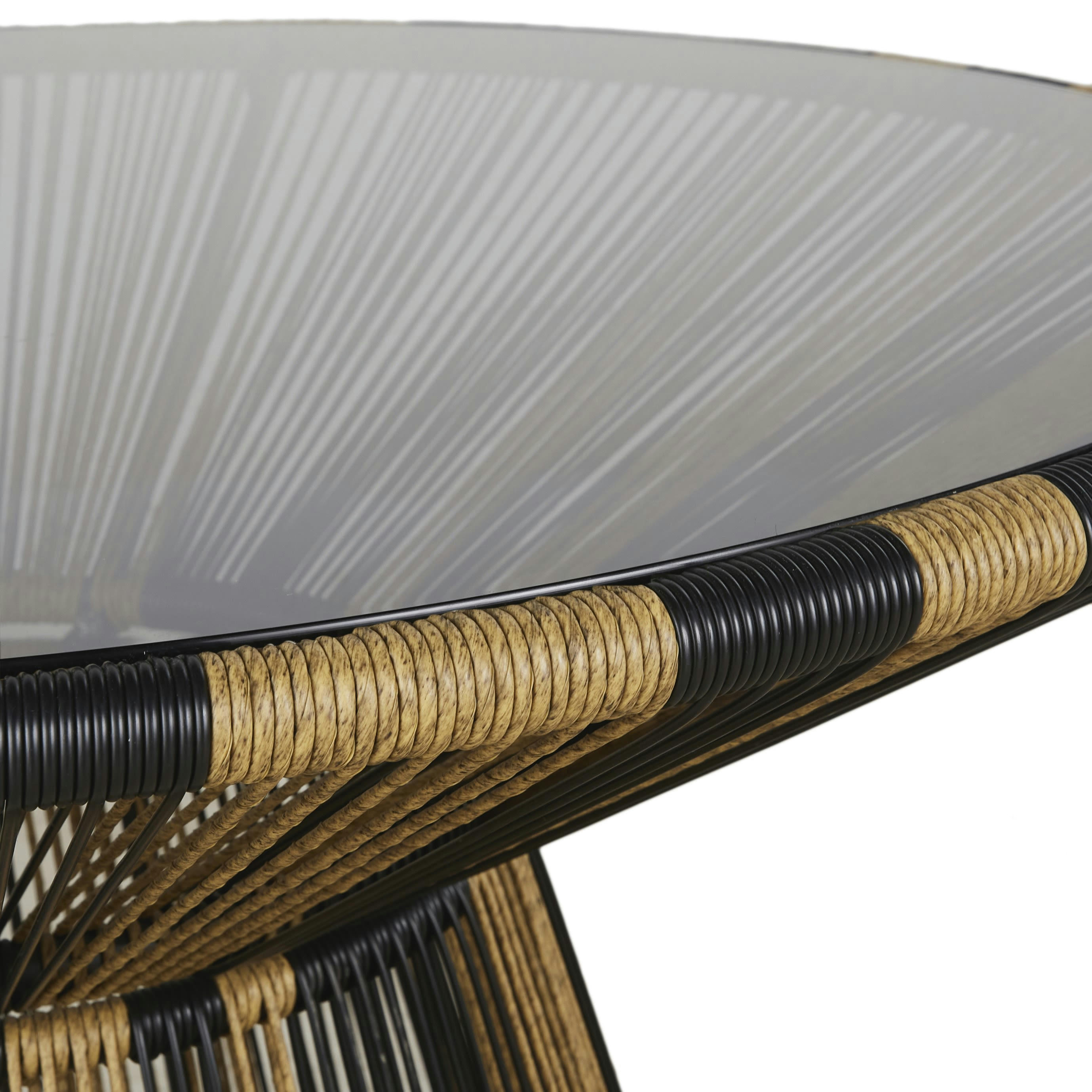 Copacabana Business - Table de jardin ronde professionnelle 4 personneen résine beige et noire et verre trempé fumé