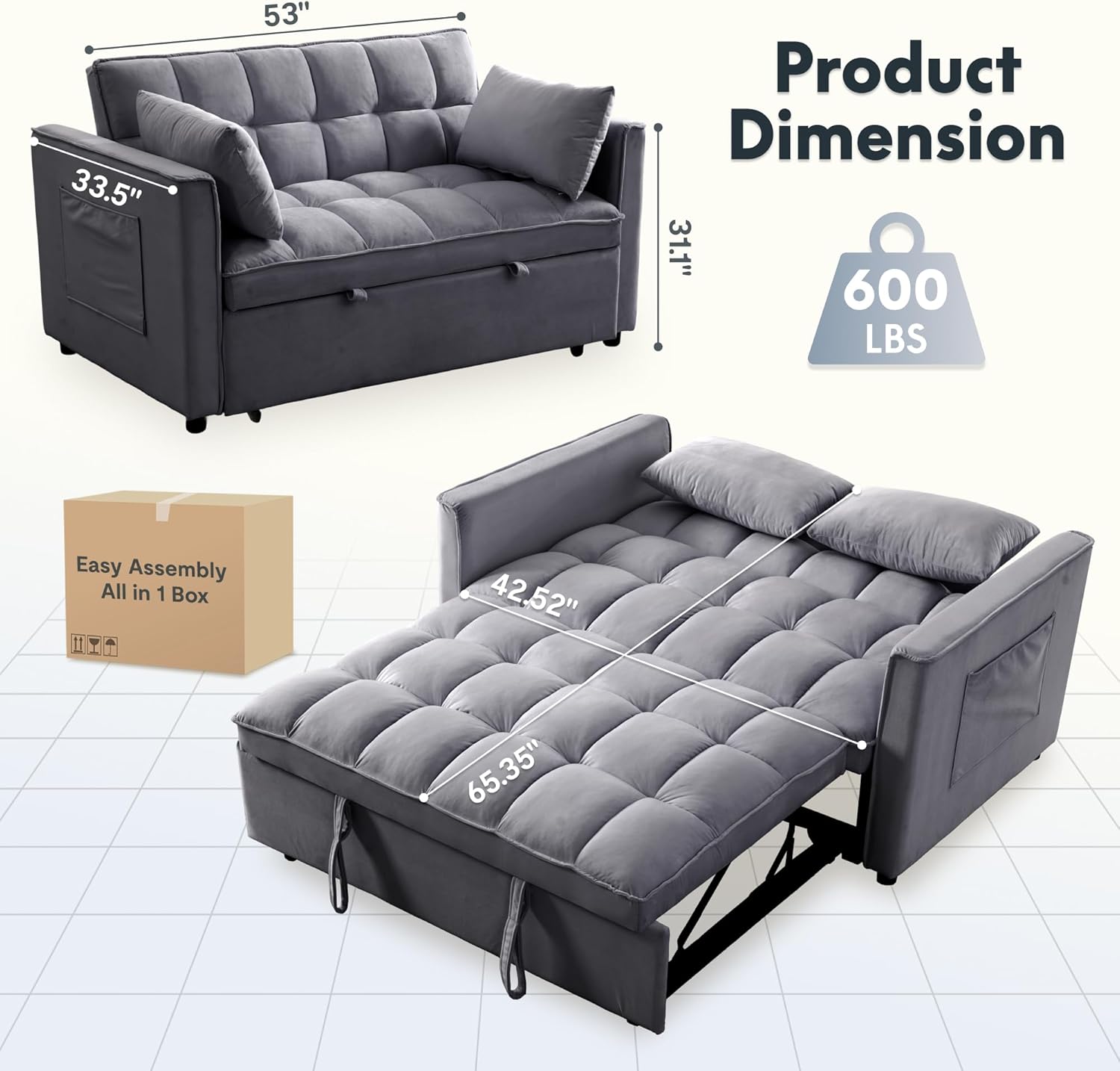 FLEXISPOT XCT4 Pull Out Couch, 3-in-1 Sleeper Sofa Bed with Adjustable Backrest, Loveseat Sleeper with Pillows & Side Pockets, Convertible Futon Couch for Small Spaces Guest Room Apartment, Gray