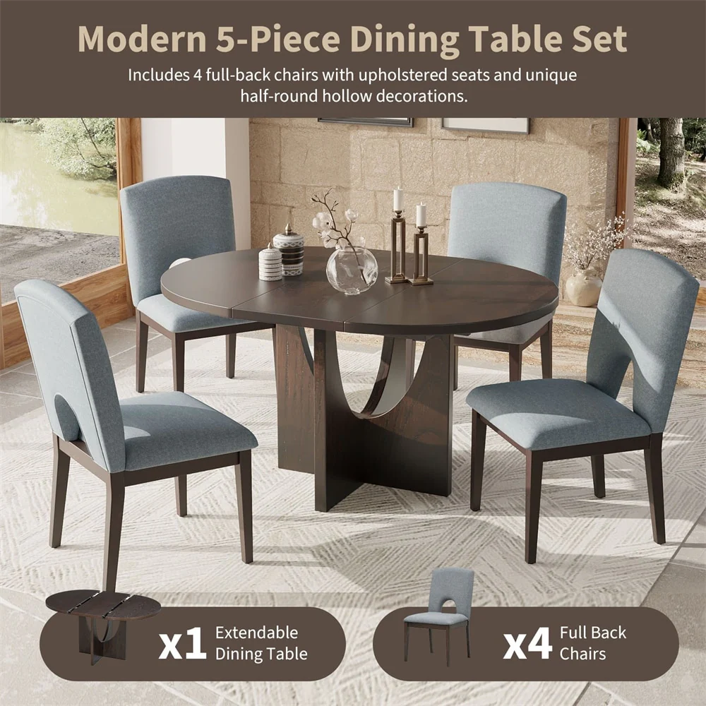 5-Piece Extendable Round Dining Table Set with 16.2inch Removable Leaf