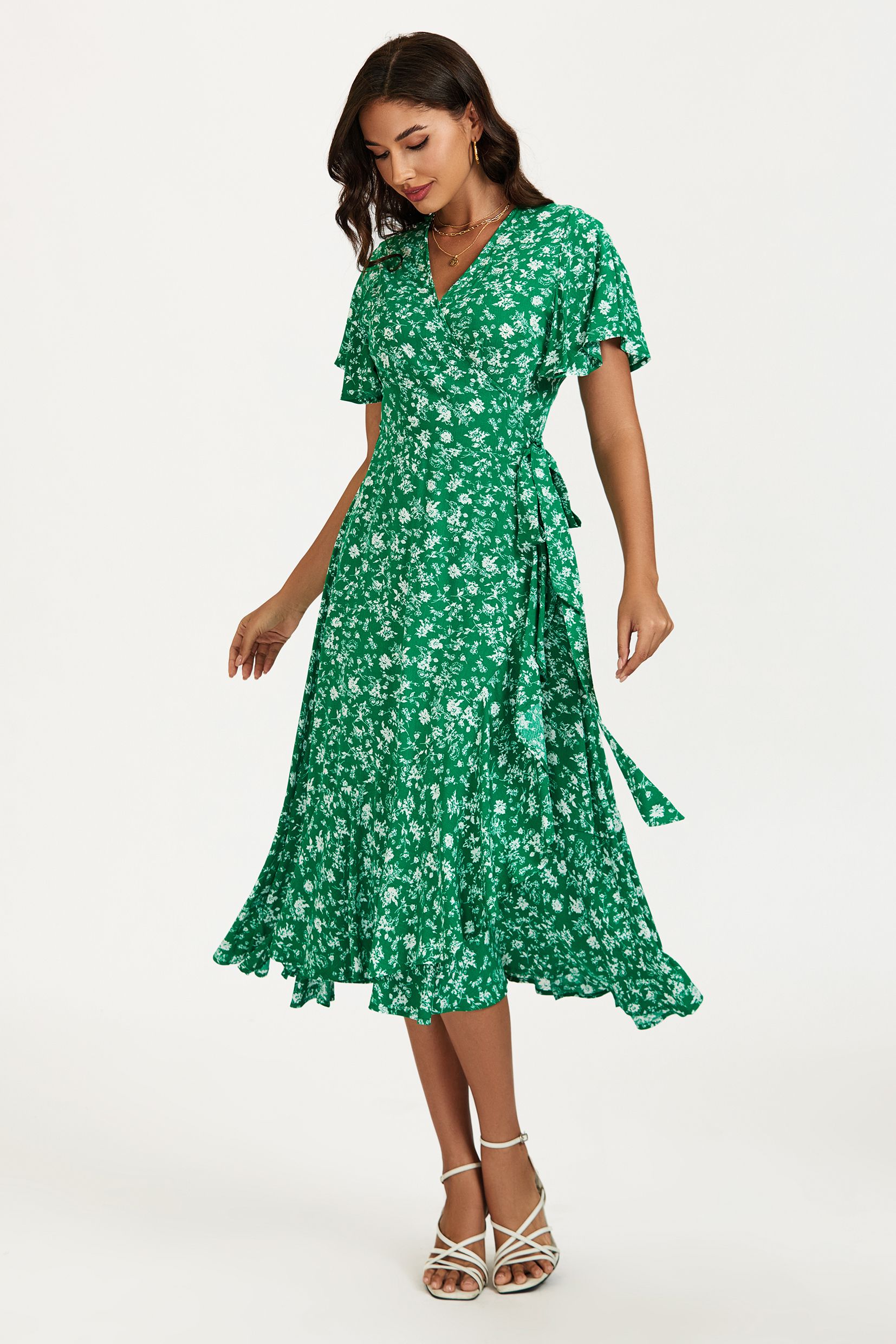 FS Collection Floral Print Midi Wrap Dress In Green