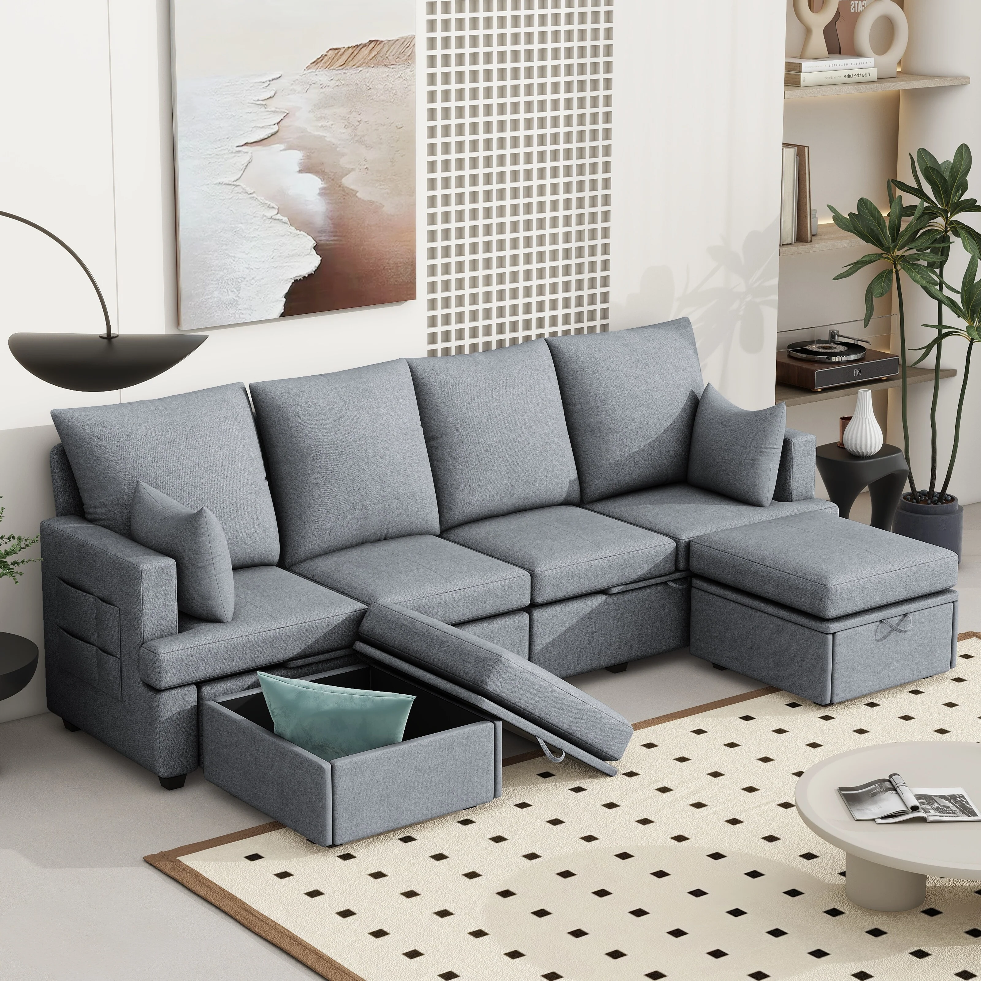 103.2'' L-Shaped 7 Seat Modular Sectional Sofa Couch with 2 Ottoman, High Backrest, Memory Foam Cushions, and 2 Pillows