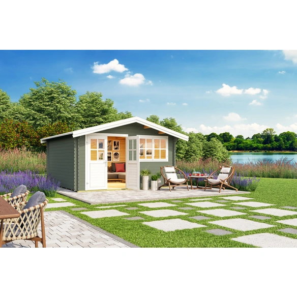 Gartenhaus »Isar«, (BxT): 380x380 cm (Aufstellmaß), 34 mm Wandstärke, grüngrau/weiss