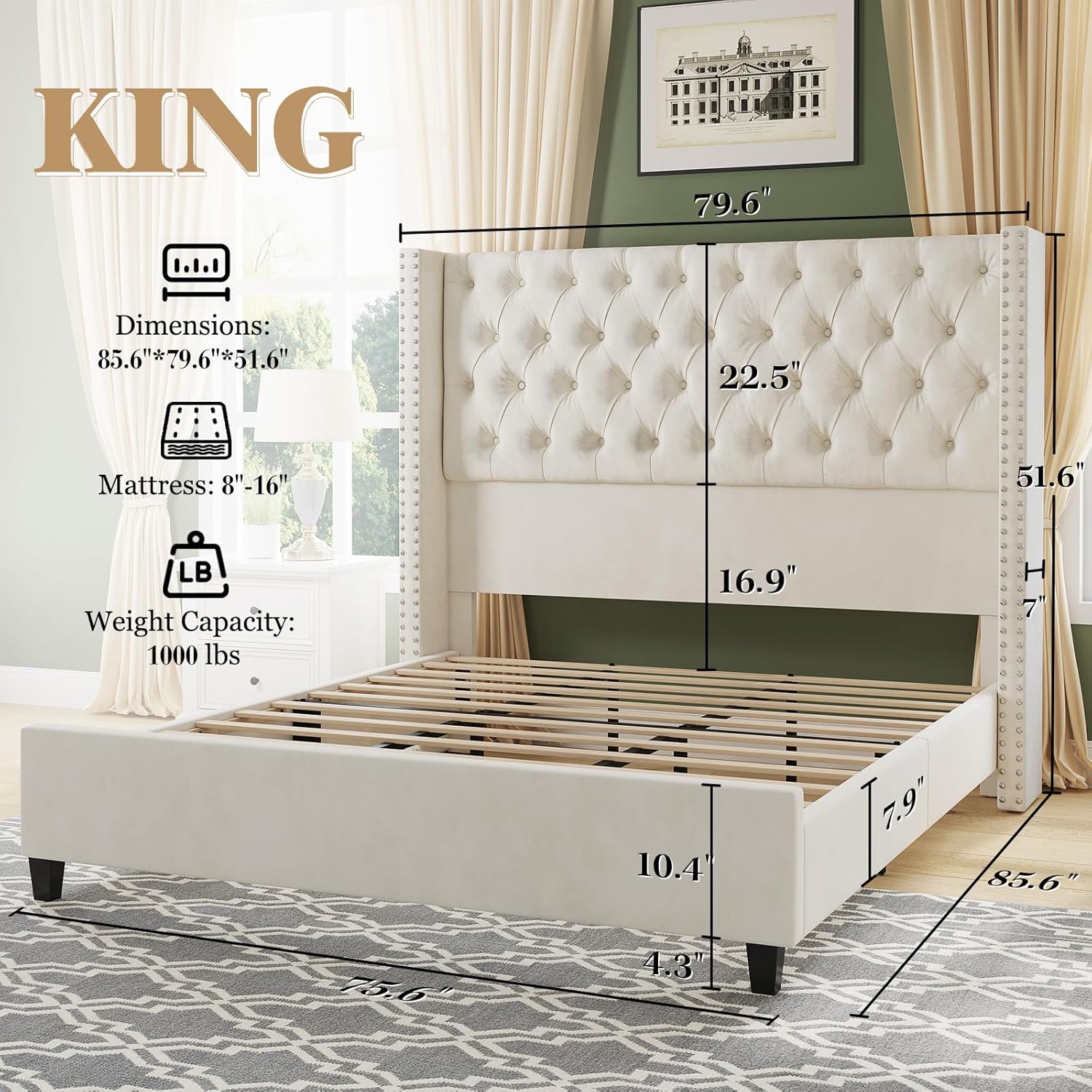 Jocisland King Upholstered Bed Frame with Tall Headboard Wingback Platform Bed Tufted Deep Button Velvet/No Box Spring Needed/Easy Assembly/Cream