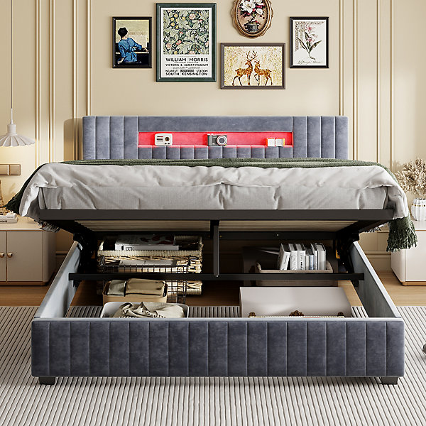 Lit coffre 160x200cm - Lit double avec sommier à lattes et tête de lit LED avec rangemet, en tissu velours gris