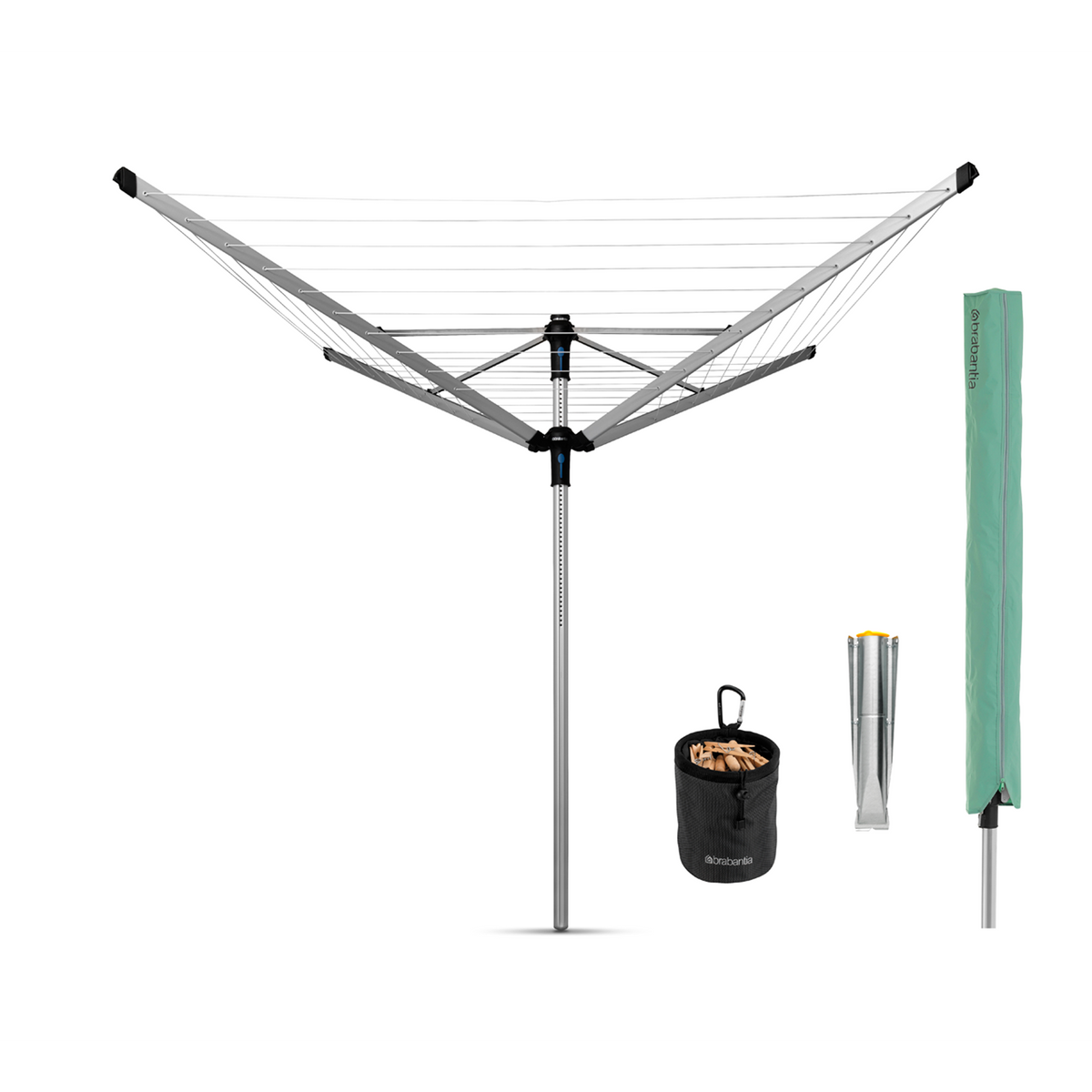 Brabantia Droogmolen Lift-O-Matic Advance, 50 meter met metalen grondanker, doorsnede 50 mm met beschermhoes en wasknijpertasje - Metallic Grey