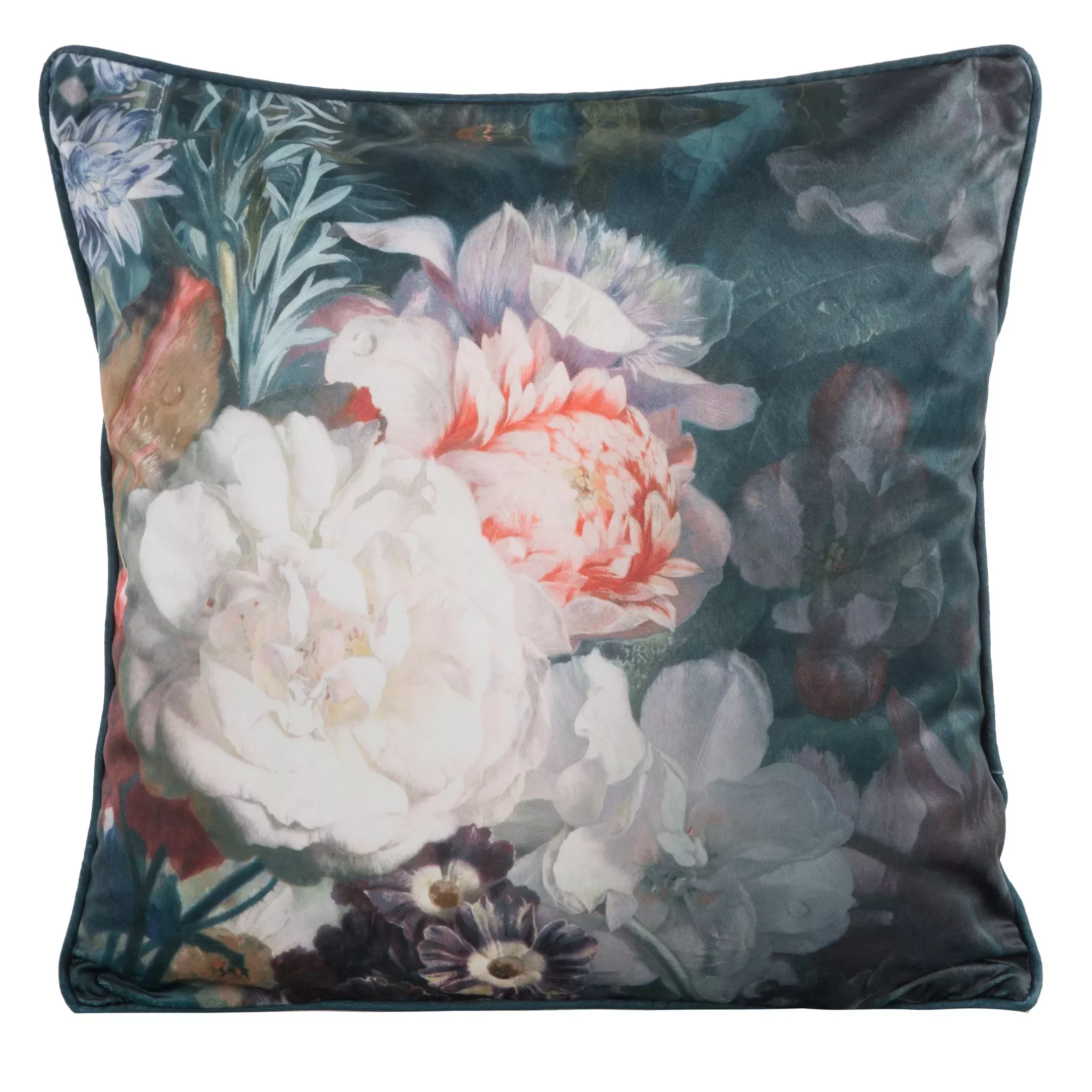 Poszewka na poduszkę 45x45 cm welwetowa kremowa zdobiona nadrukiem kwiatów i elegancką lamówką VELVET 111