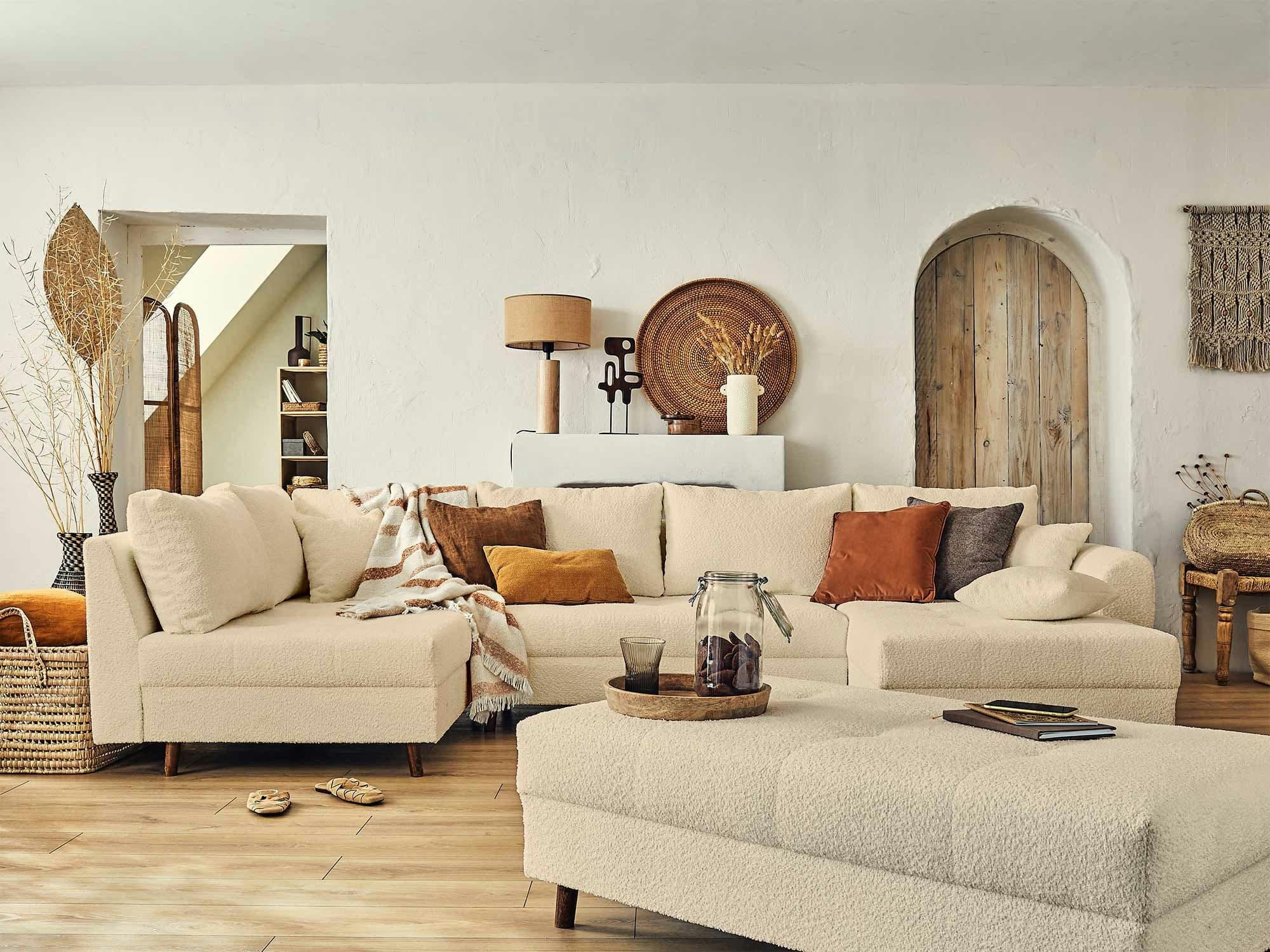 RUNE - Canapé d'angle gauche convertible 7 places en tissu bouclette beige