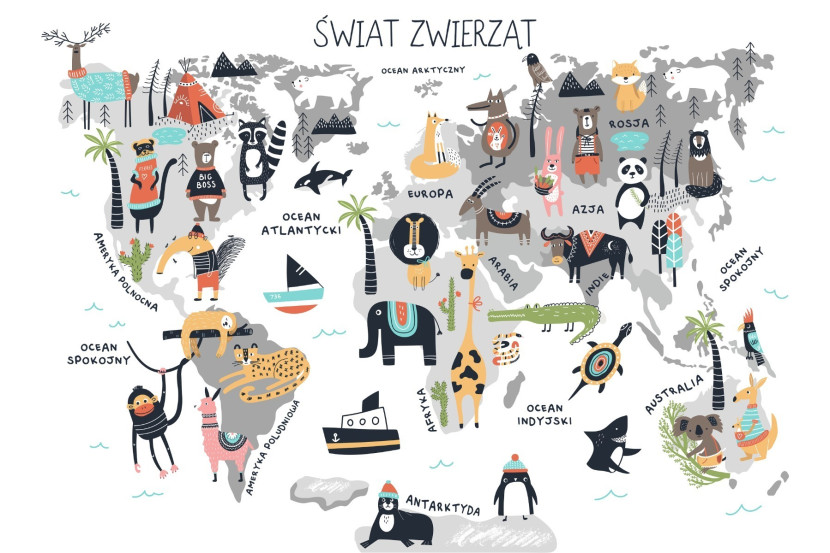 Fototapeta Ścienna MAPA ŚWIATA Zwierzątka 90x60cm