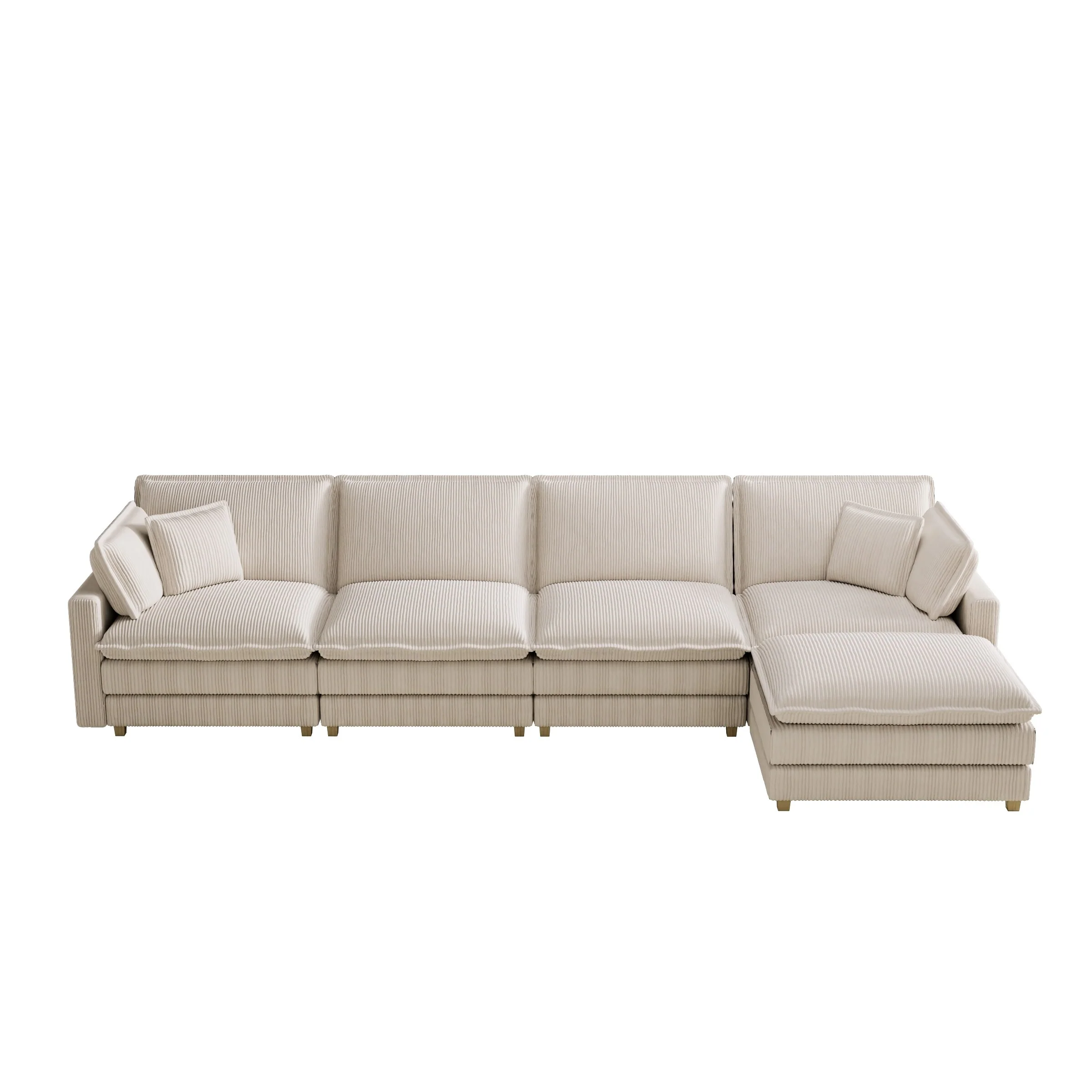 Modern L Modular Sectional Sofa with Corduroy Cushion and Removable Ottoman and 4 Pillow for Living Room or Guest Room