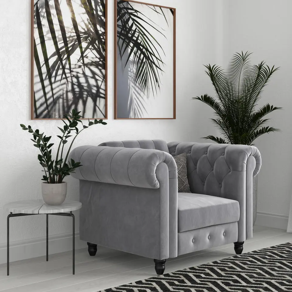 Felix - Fauteuil chesterfield lichtgrijze fluwelen