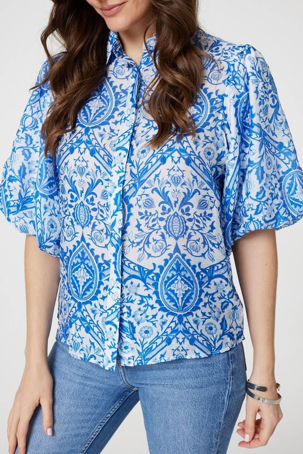 Izabel London Paisley Print Puff 1/2 Sleeve Shirt
