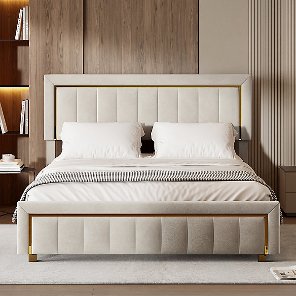 lit double rembourré 160 x 200,lit coffre avec sommier,lit adulte 160 x 200 avec levier hydraulique,velours,beige