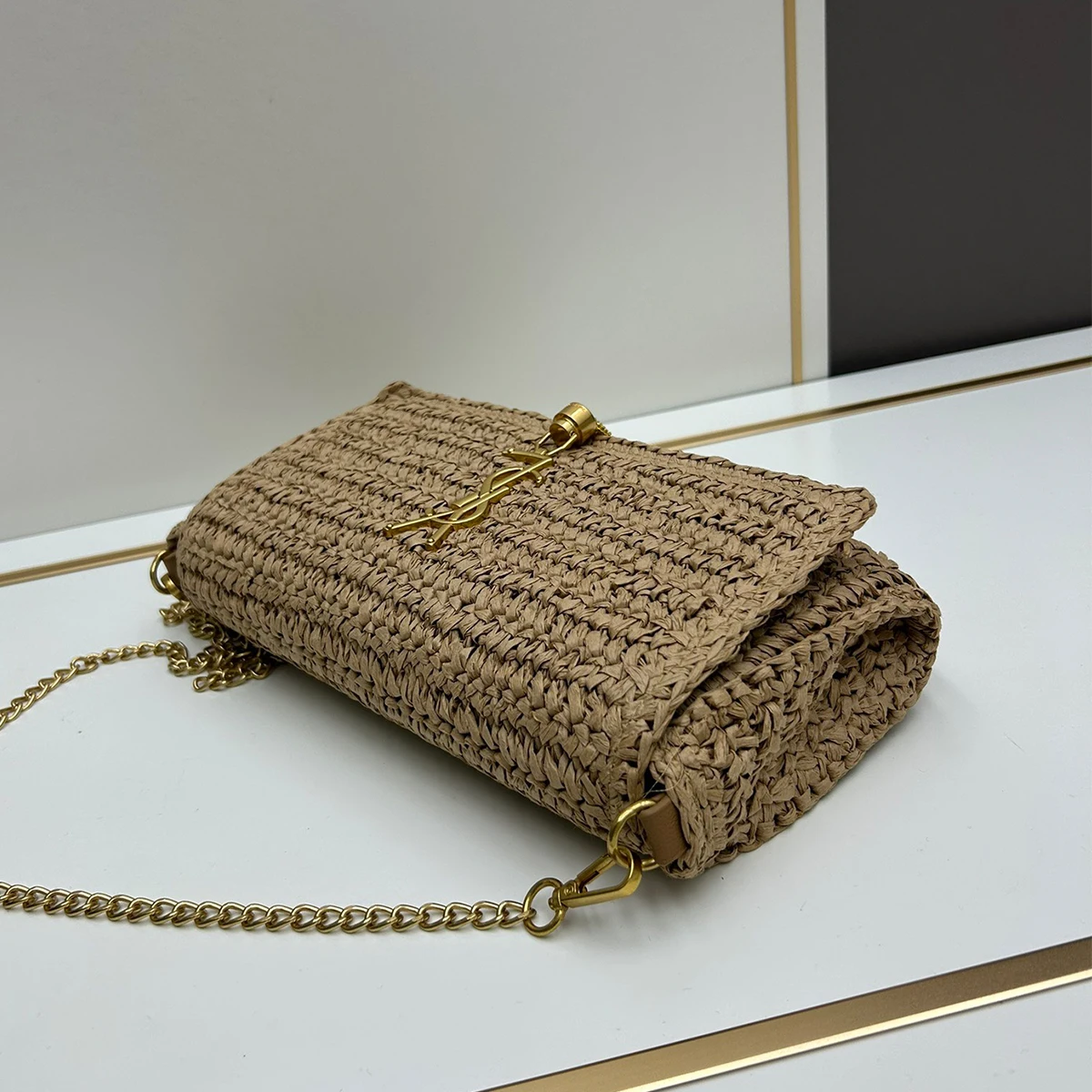 Saint Laurent Kate 99 Shoulder Bag Dark Nude Raffia