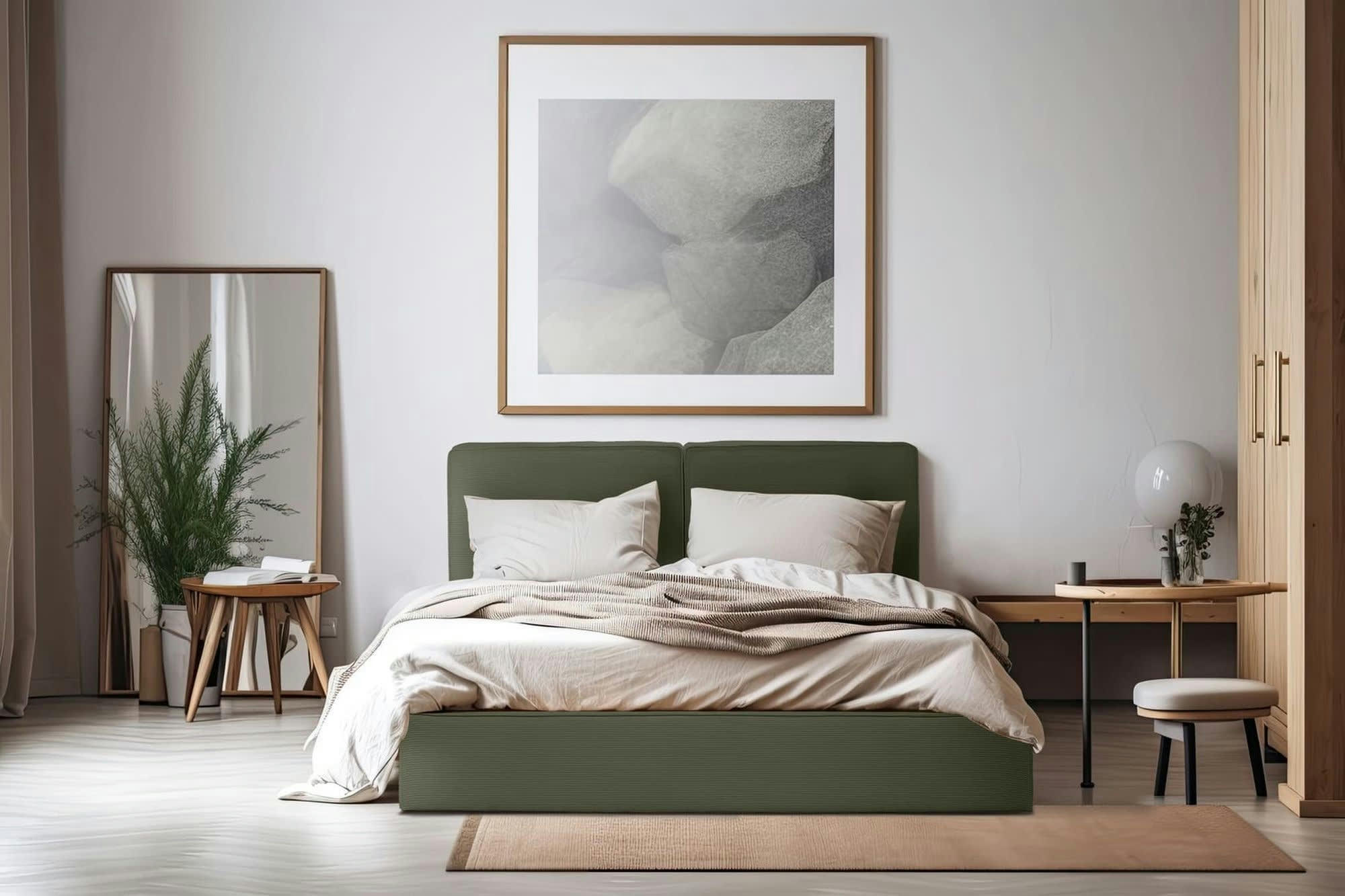 LEOPOLD - LEOPOLD lit double velours côtelé vert kaki 160x200