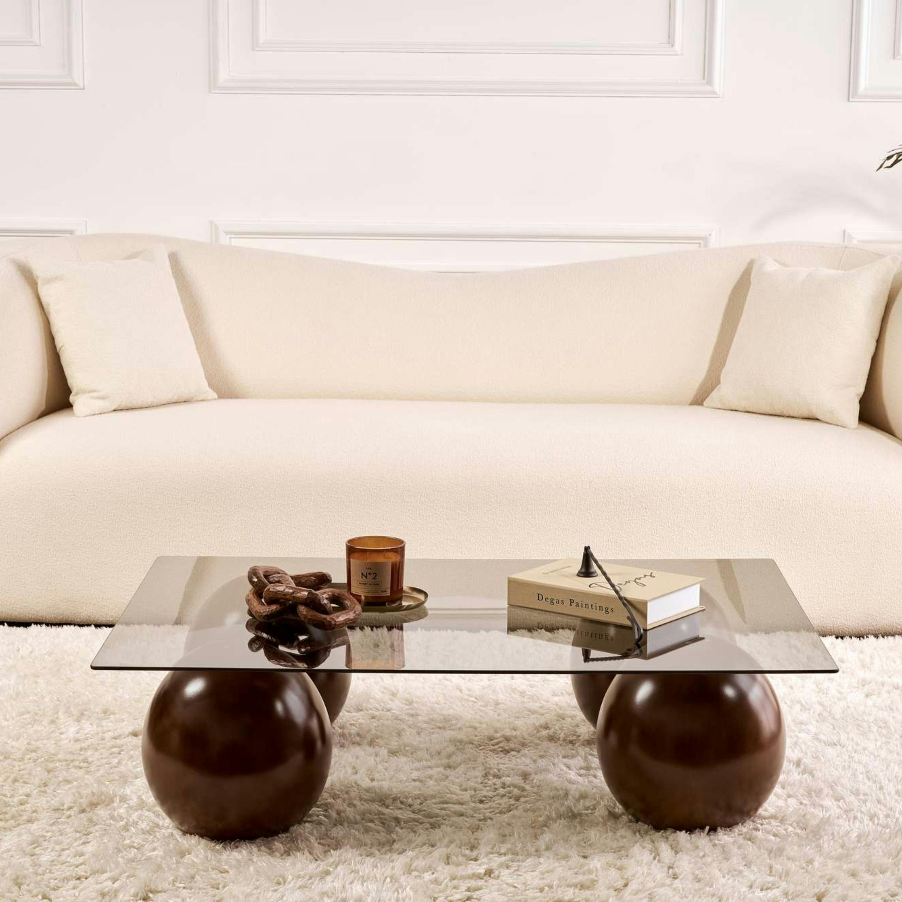 Table basse rectangulaire verre fumé 4 pieds boule KOCHI