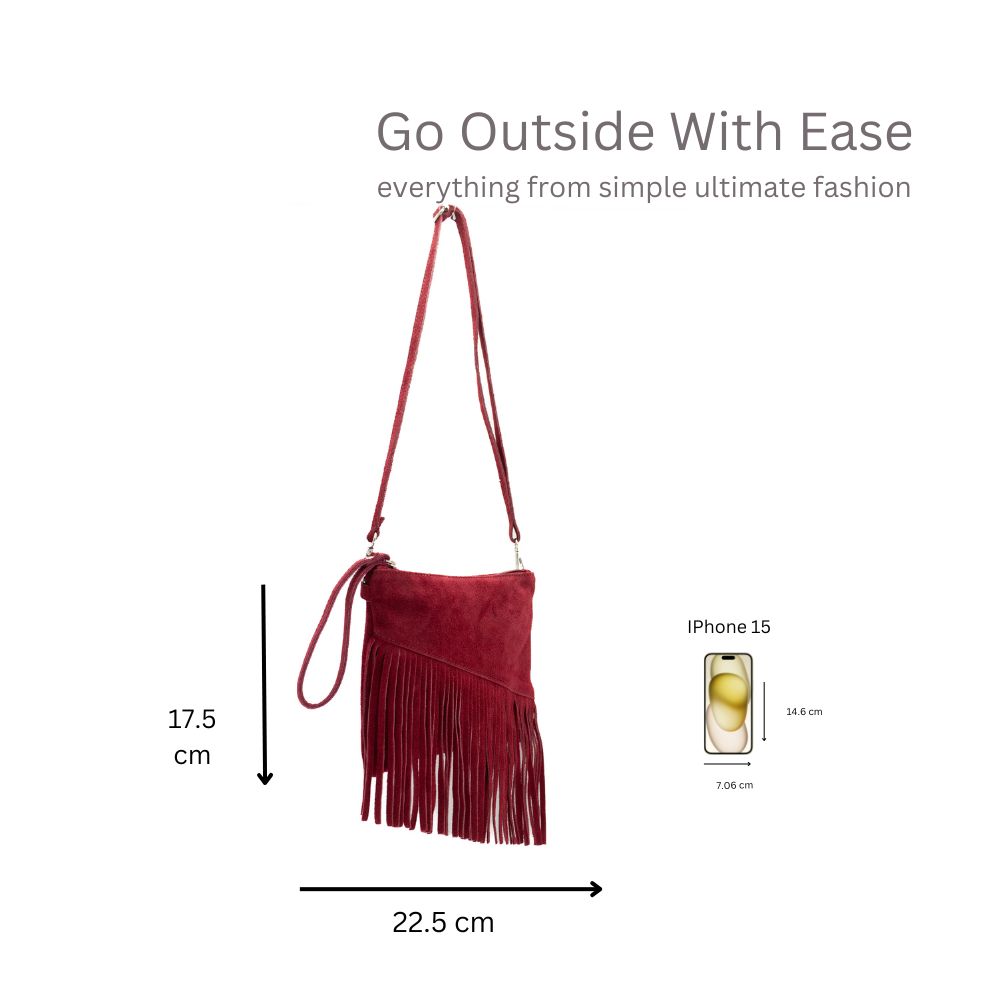 Kitise Small Multi-Functional Fringe Italian Suede Leather Wristlet Purse Bag Crossobody Handbag