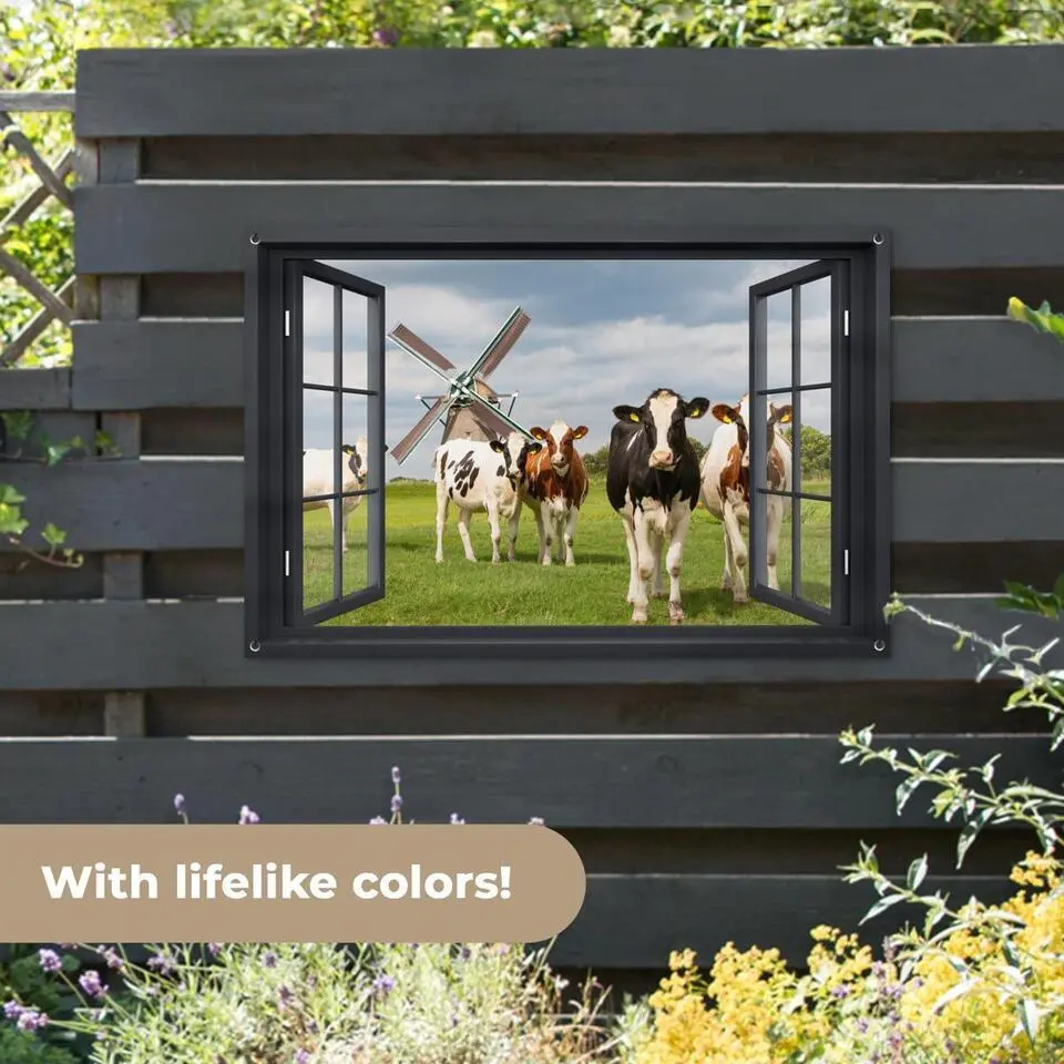MuchoWow Tuinposter 120x80cm Doorkijk Koe Molen Koeien