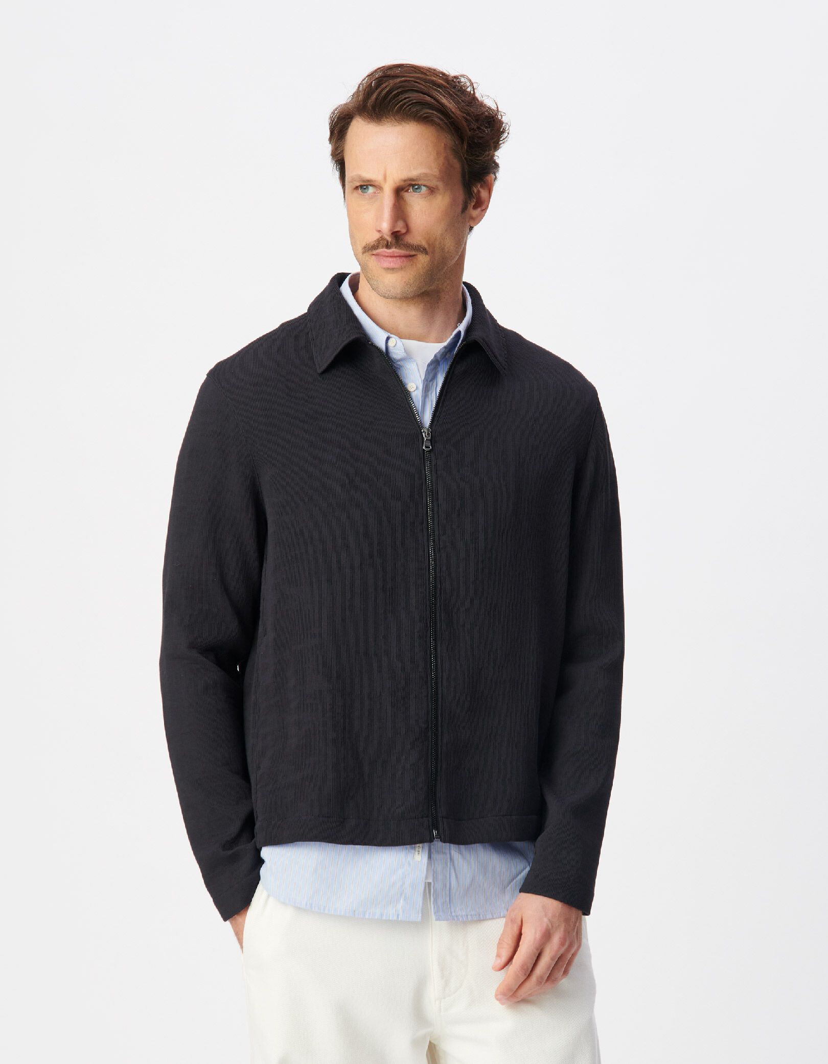 Cardigan zippé noir tissu plissé Homme
