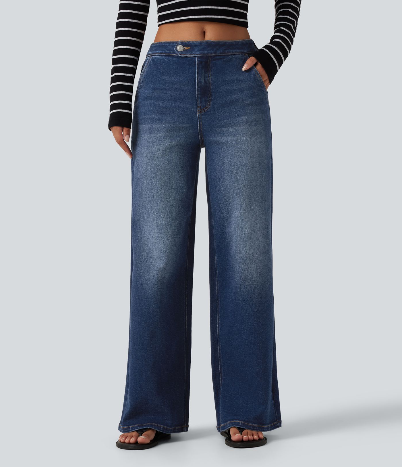 Jean large délavé taille mi-haute avec poches