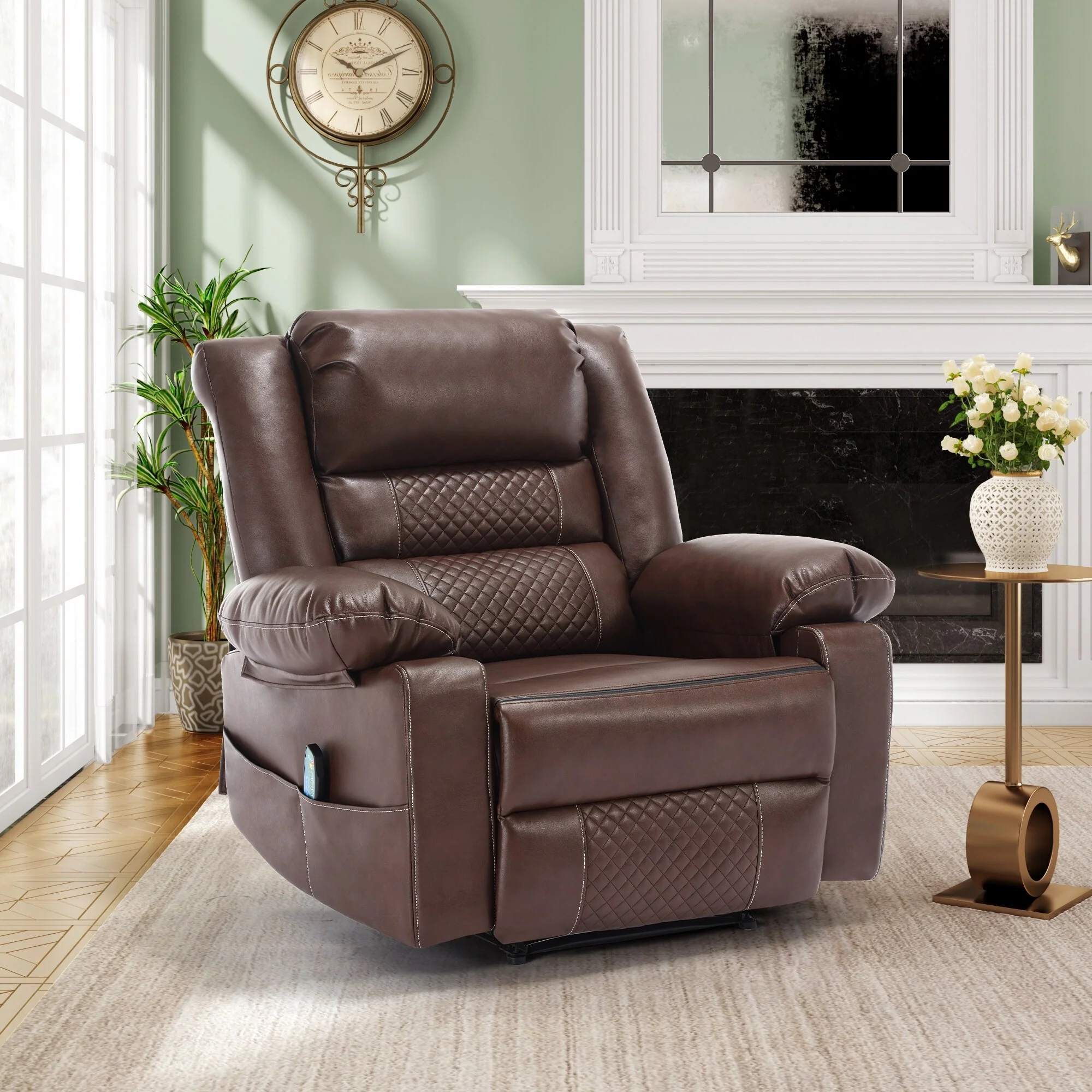 Brown Manual Leather Massage Recliner with 8-Point Vibration, Lumbar Heating, and Multiple Reclining Positions
