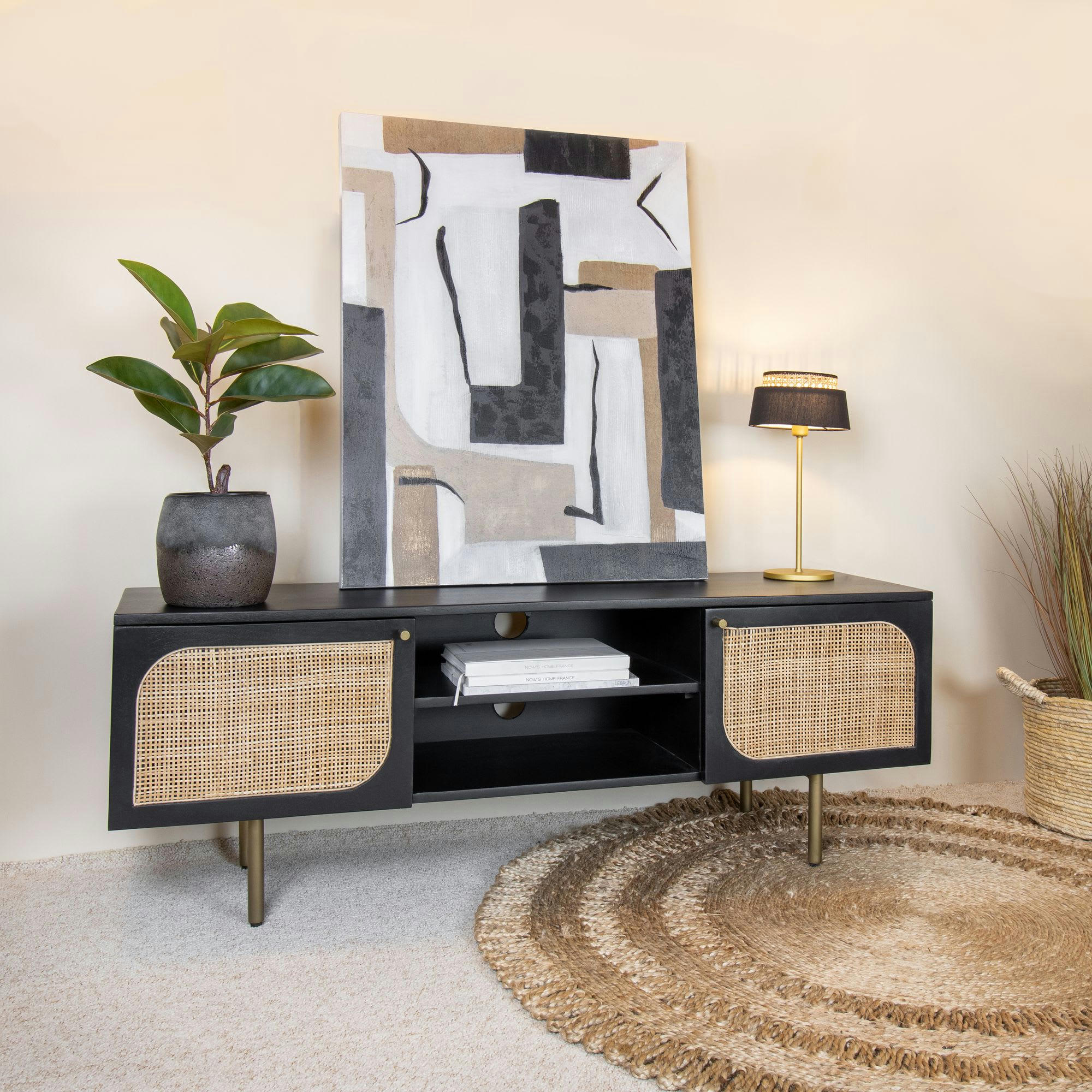 MANAUS - Meuble média en bois de manguier, rotin et pieds en métal doré