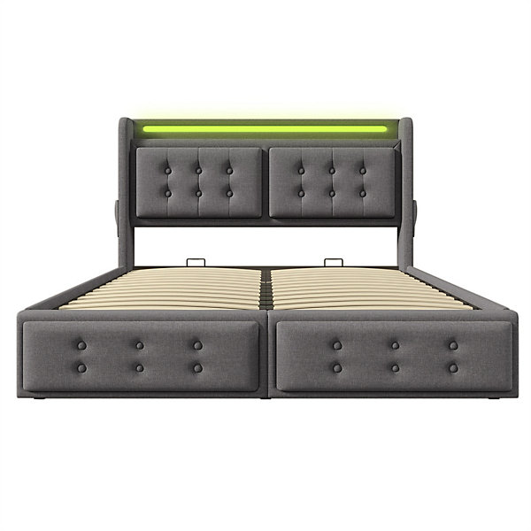 Lit adulte lit 180x200 cm lit rembourré hydraulique avec sommier en bois lit double coton lin gris